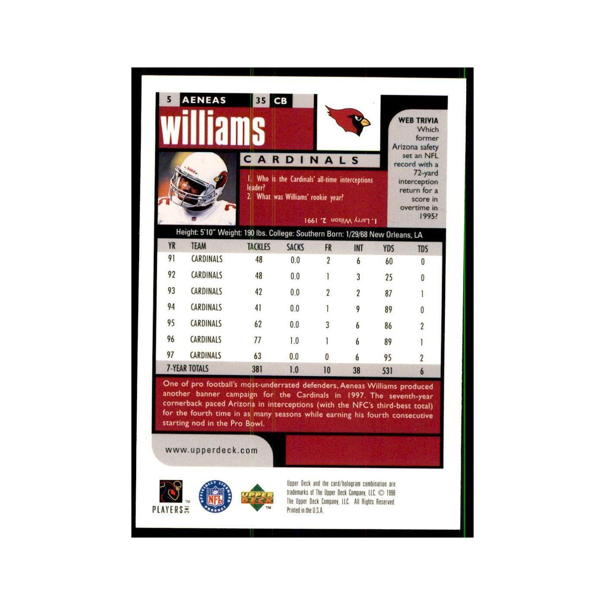 Aeneas Williams 1998 UD Choice #5 Football Cards Football Card NM