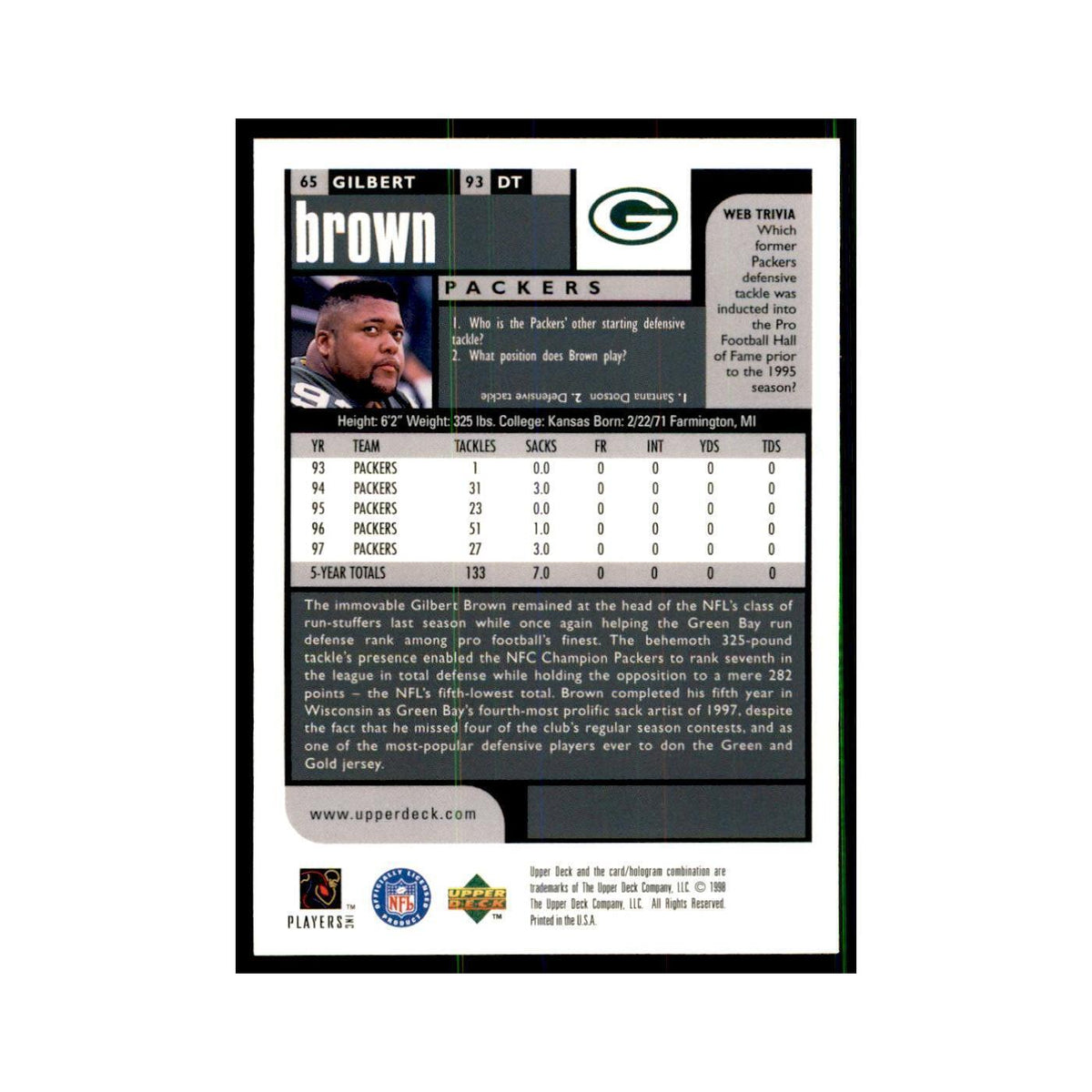 Gilbert Brown 1998 UD Choice #65 Football Cards Football Card NM