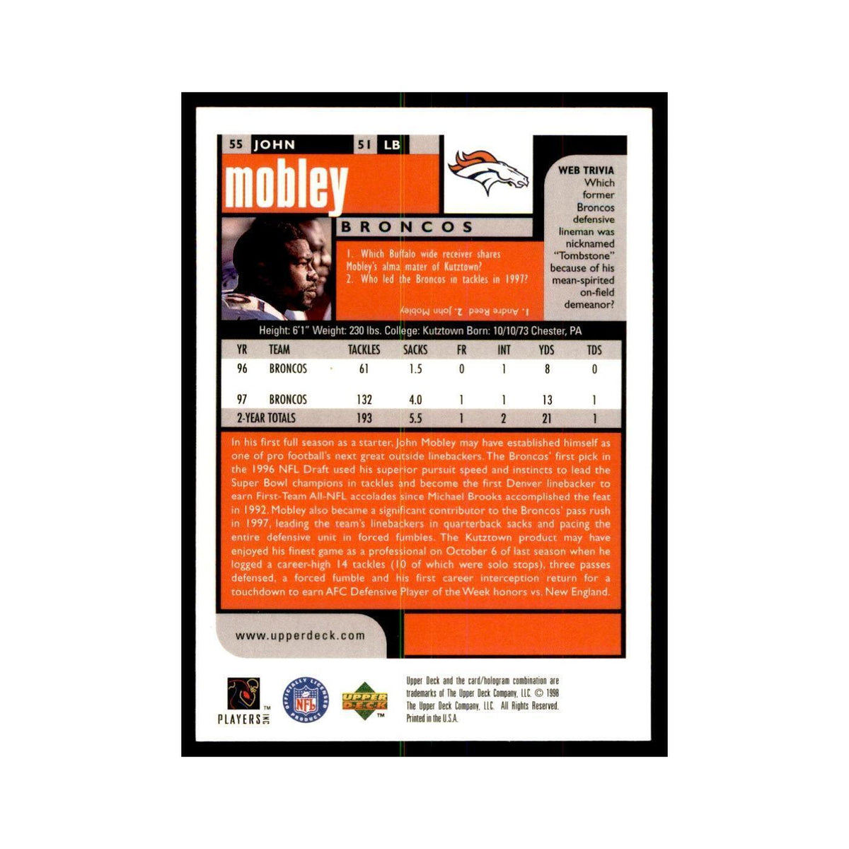 John Mobley 1998 UD Choice #55 Football Cards Football Card NM