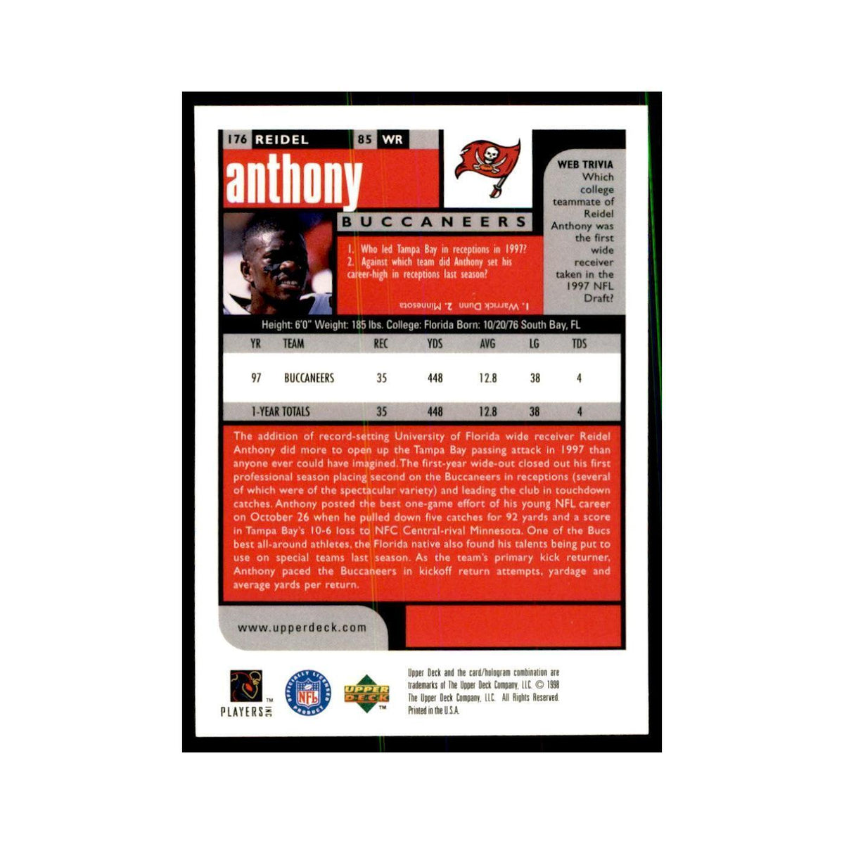 Reidel Anthony 1998 UD Choice #176 Football Cards Football Card NM