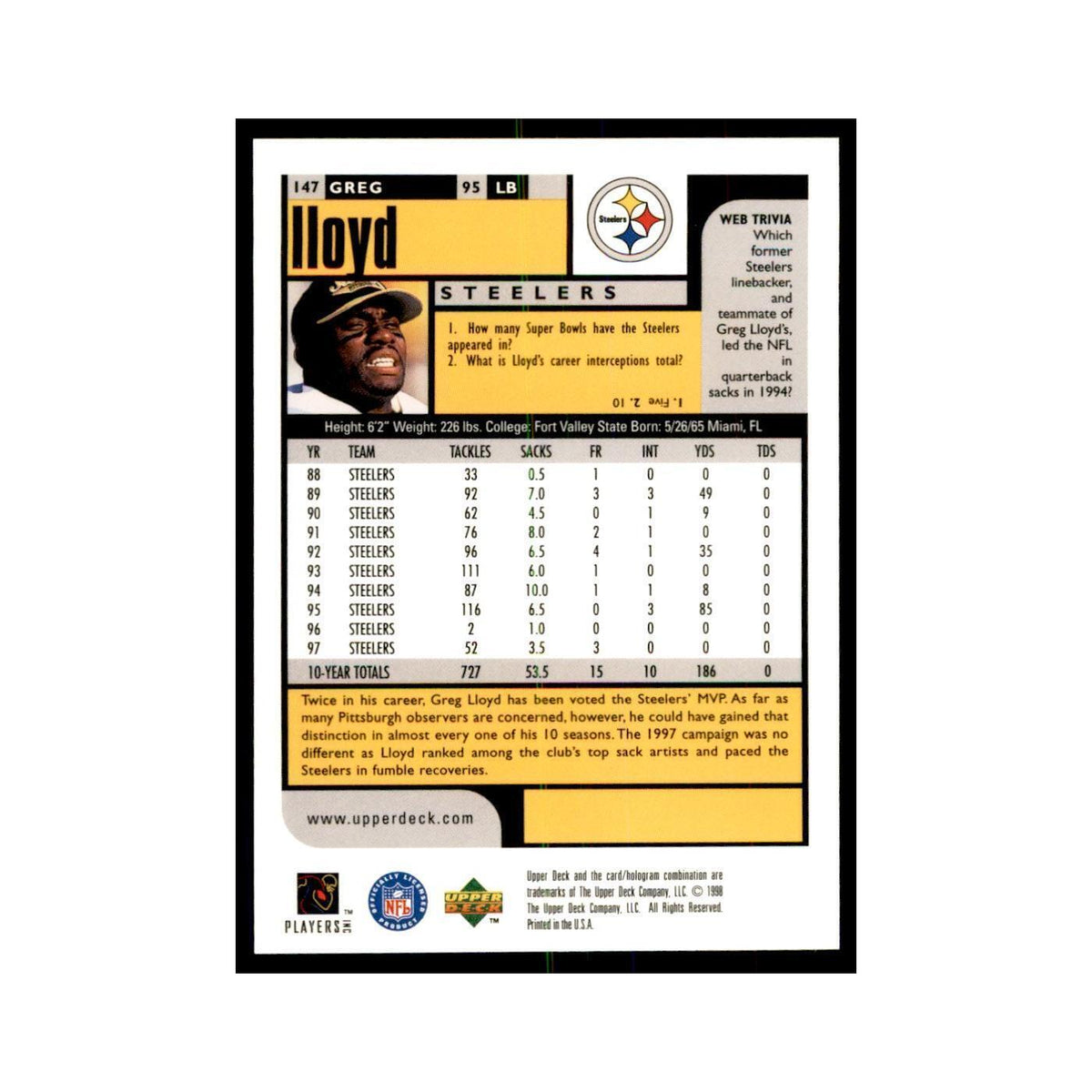 Greg Lloyd 1998 UD Choice #147 Football Cards Football Card NM