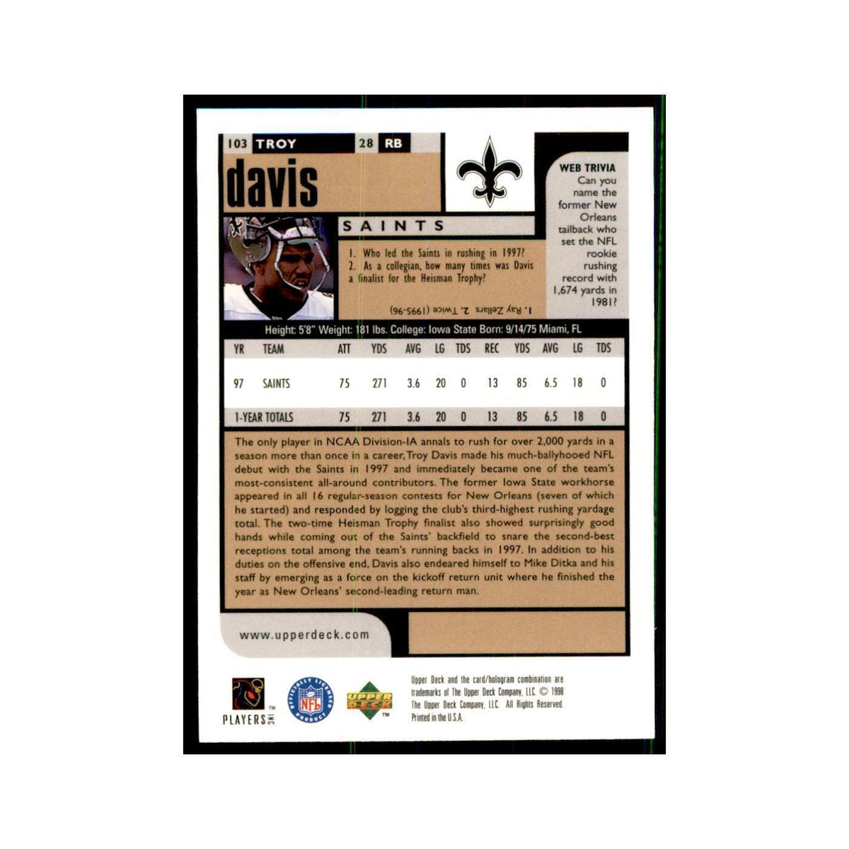 Troy Davis 1998 UD Choice #103 Football Cards Football Card NM