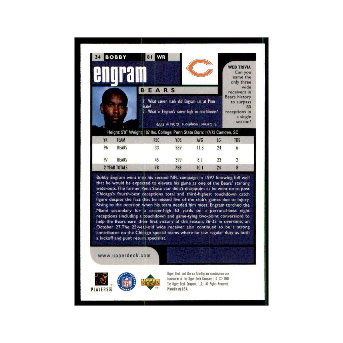Bobby Engram 1998 UD Choice #34 Football Cards Football Card NM