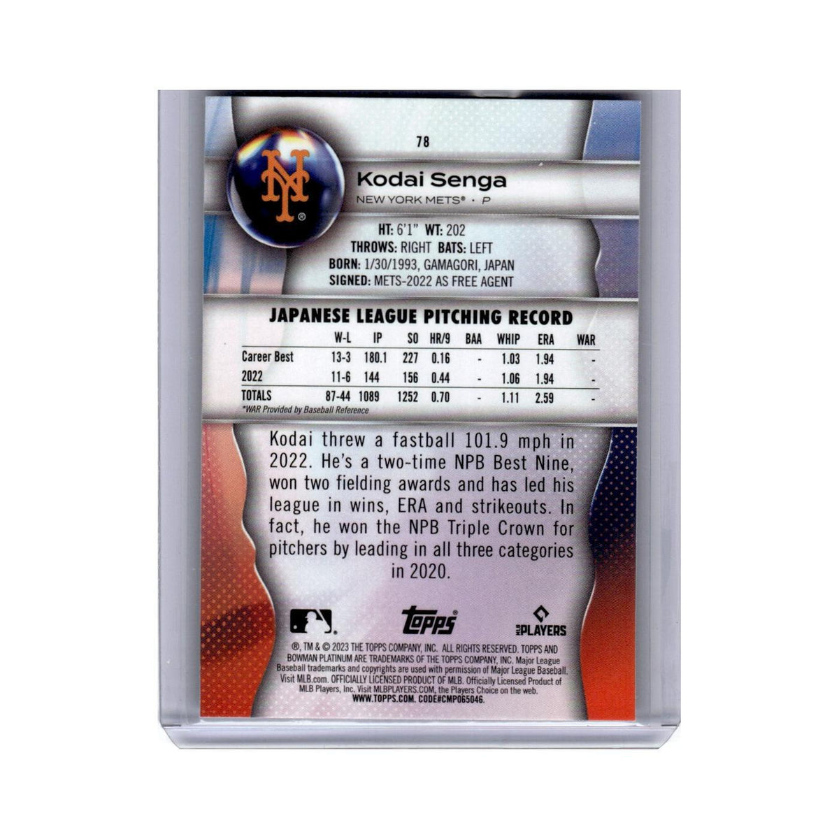 Kodai Senga Rookie 2023 Bowman Platinum #78 Baseball Card NM