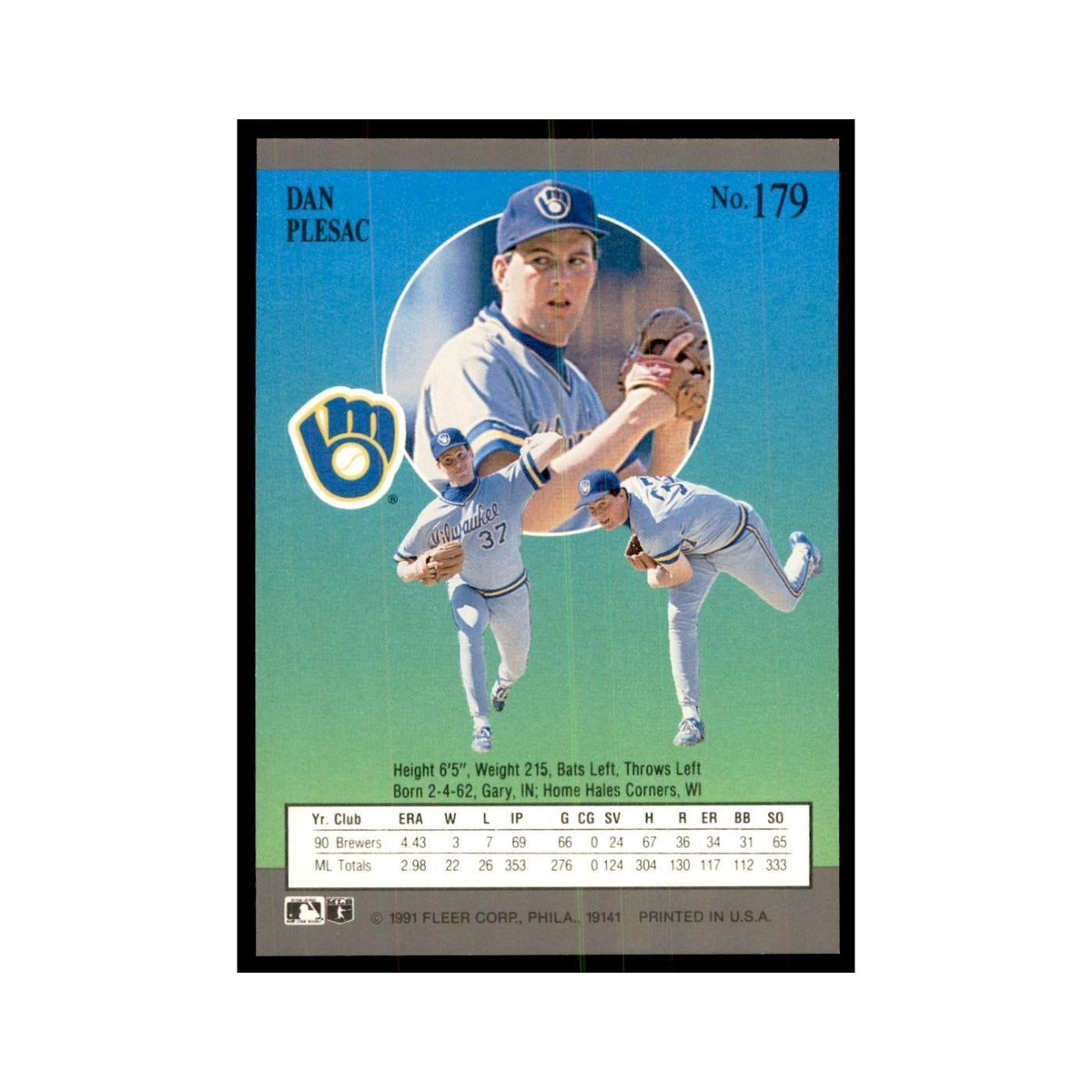 Dan Plesac 1991 Fleer Ultra #179 Baseball Cards Baseball Card NM