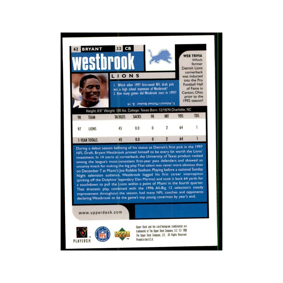 Bryant Westbrook 1998 UD Choice #62 Football  Cards Football Card NM