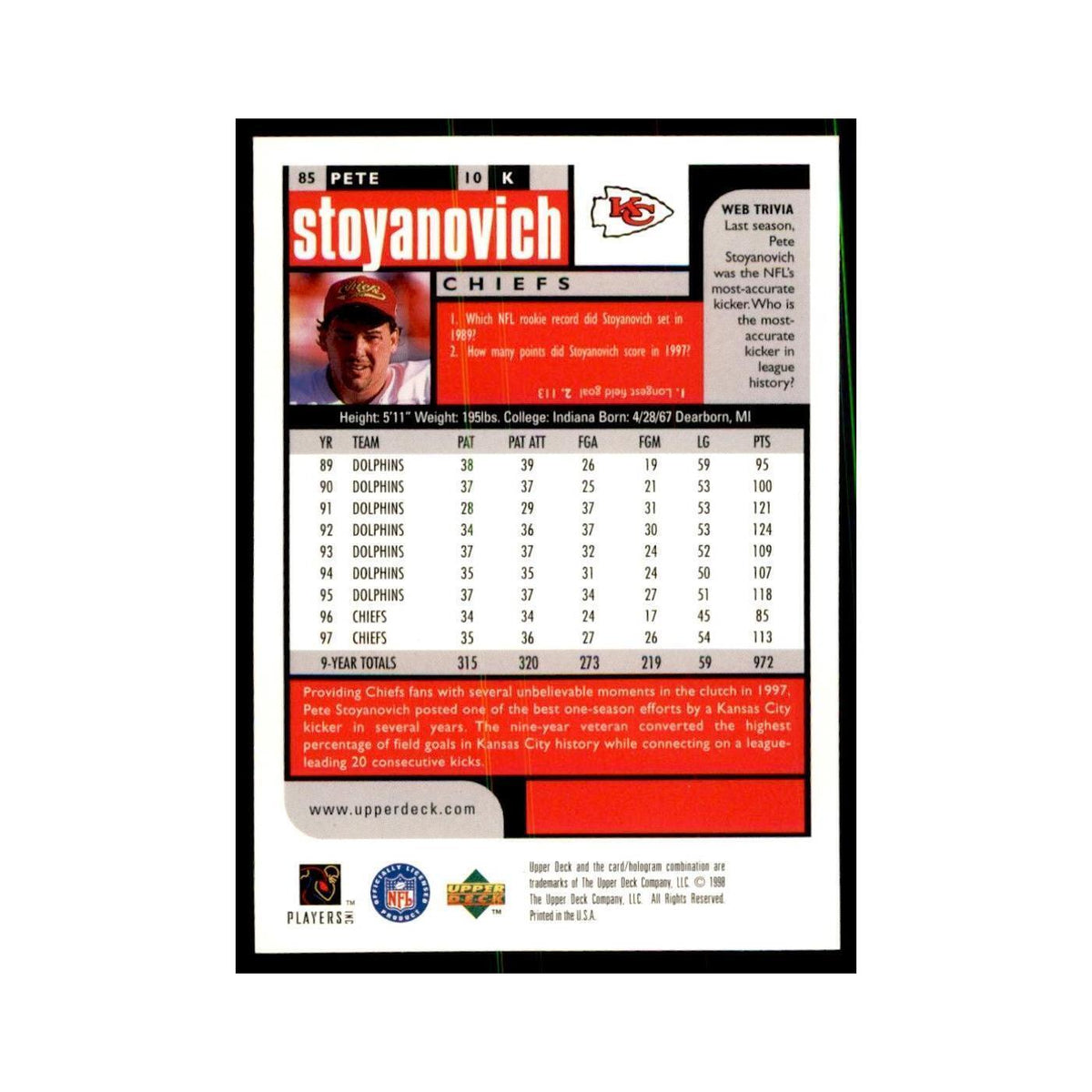 Pete Stoyanovich 1998 UD Choice #85 Football  Cards Football Card NM