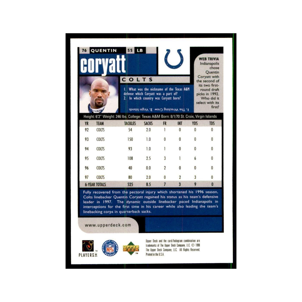 Quentin Coryatt 1998 UD Choice #76 Football  Cards Football Card NM