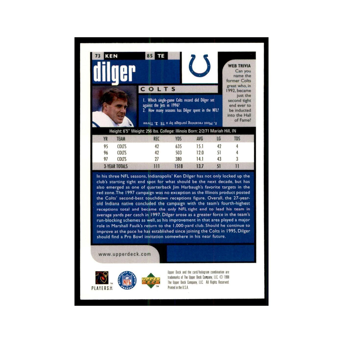 Ken Dilger 1998 UD Choice #73 Football  Cards Football Card NM