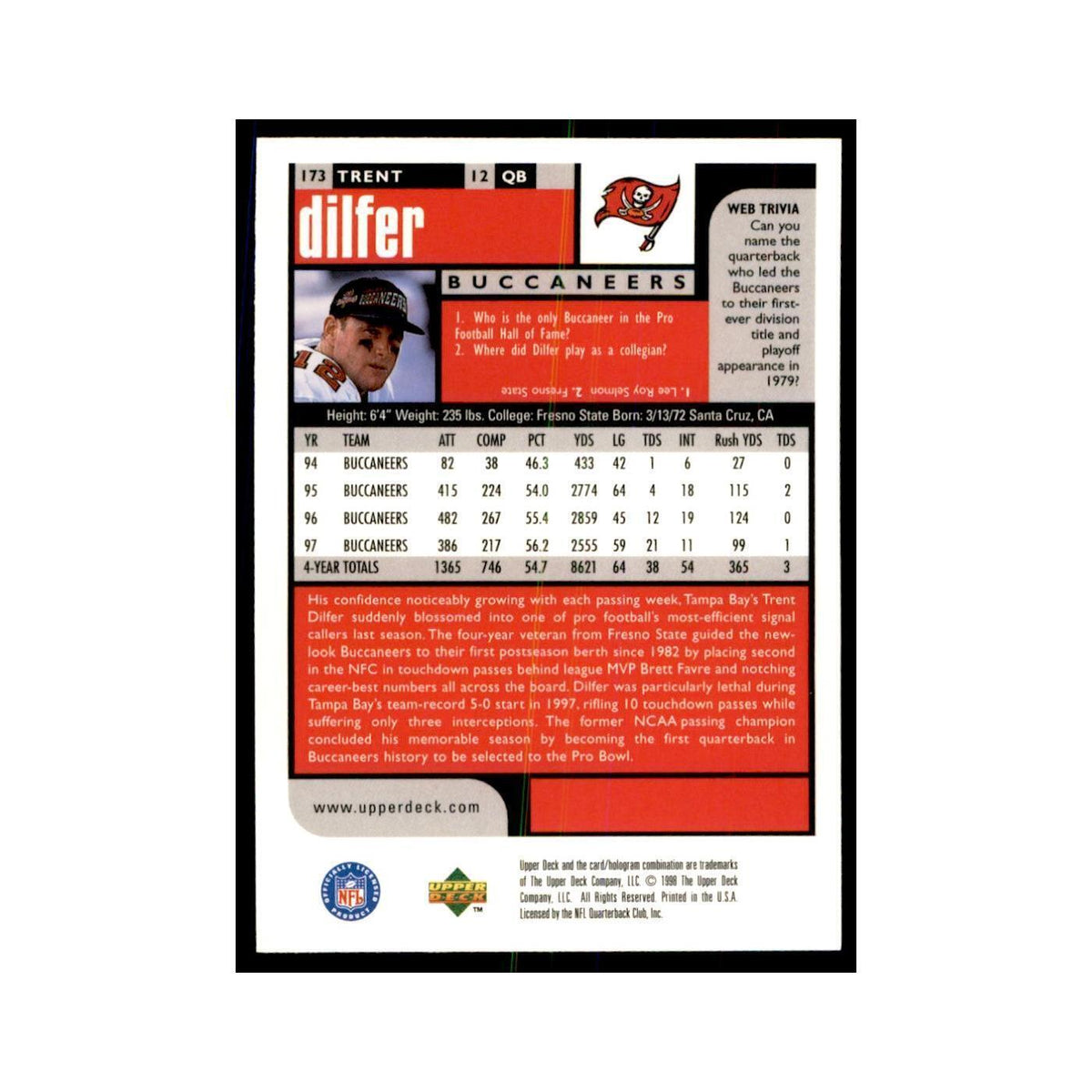 Trent Dilfer 1998 UD Choice #173 Football  Cards Football Card NM