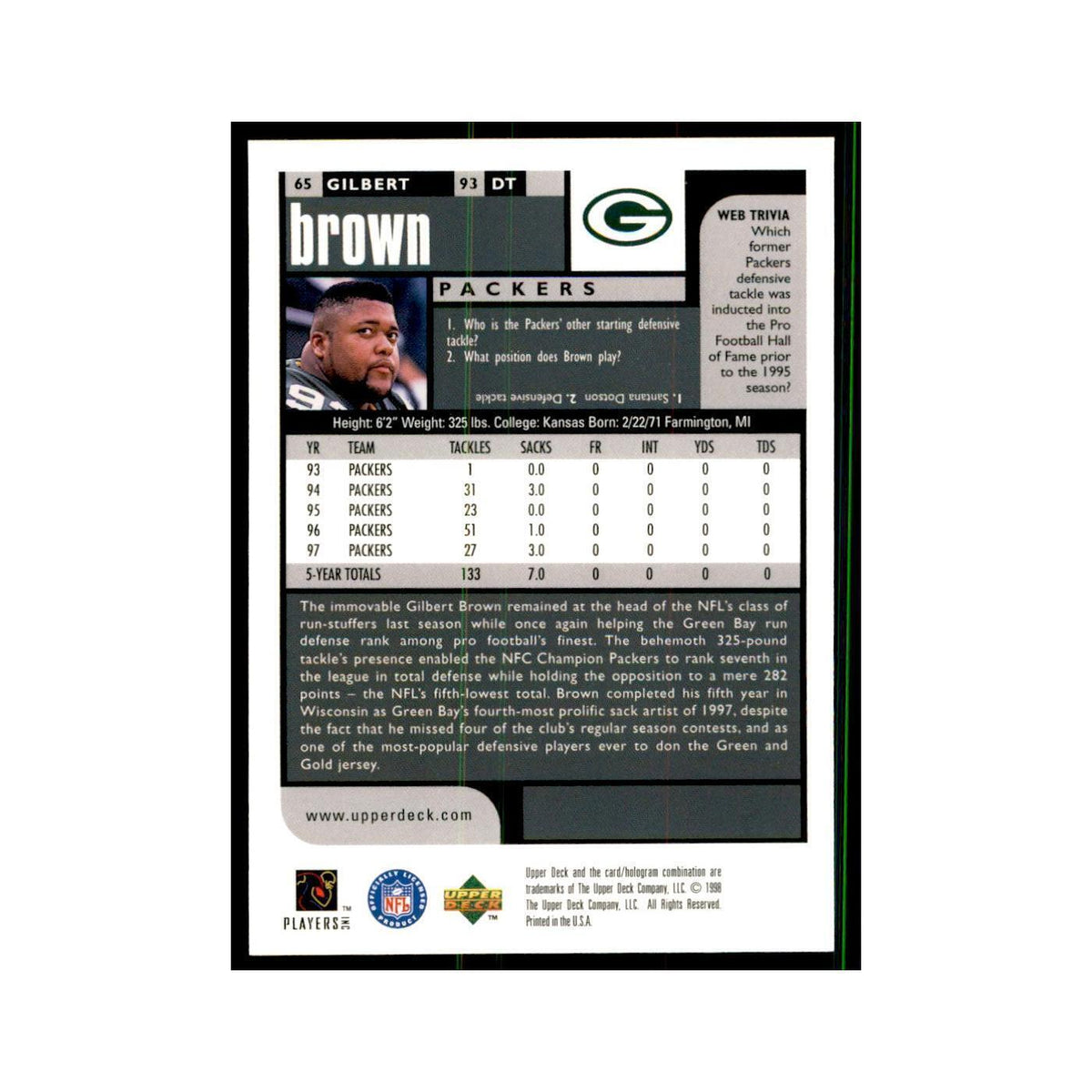 Gilbert Brown 1998 UD Choice #65 Football  Cards Football Card NM
