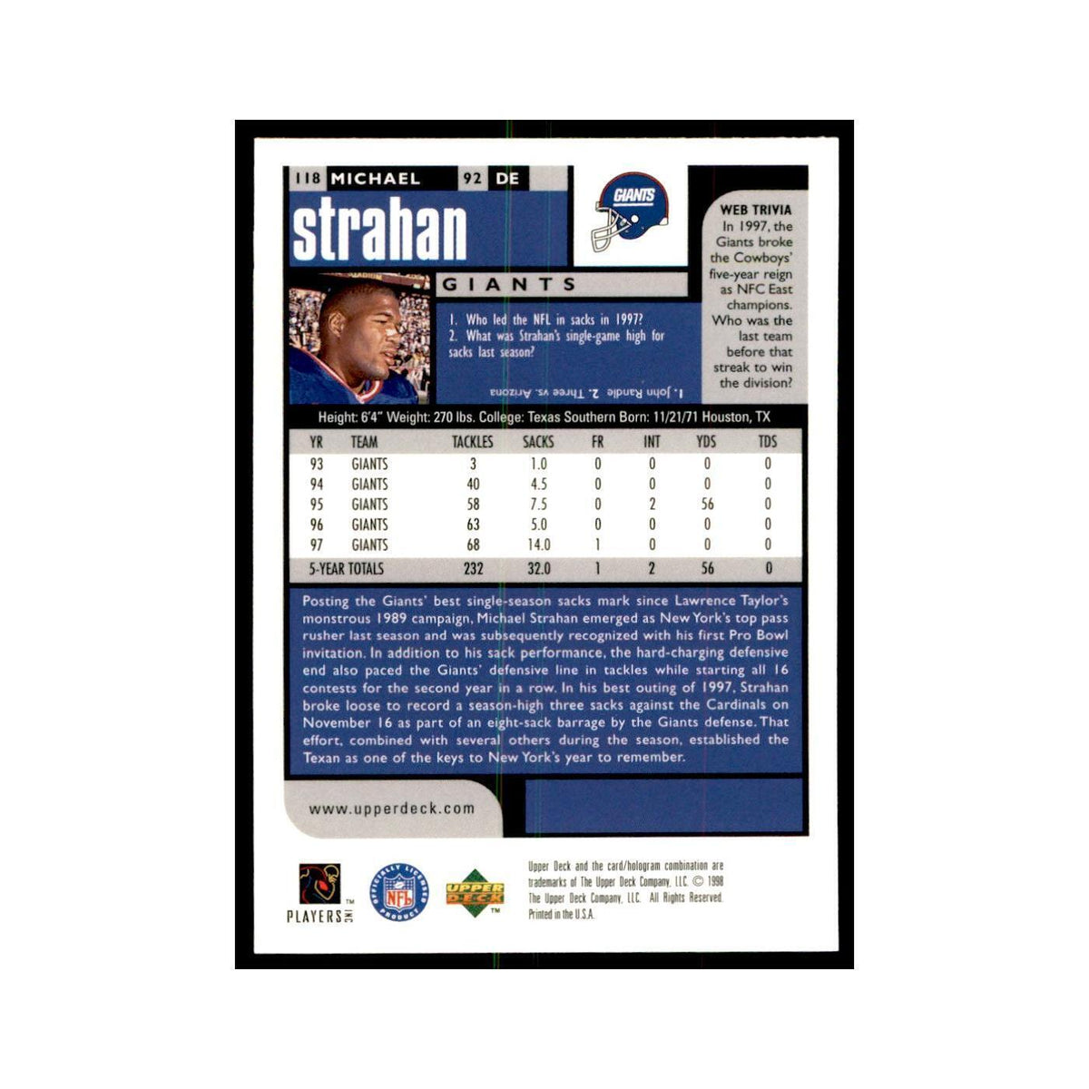 Michael Strahan 1998 UD Choice #118 Football  Cards Football Card NM