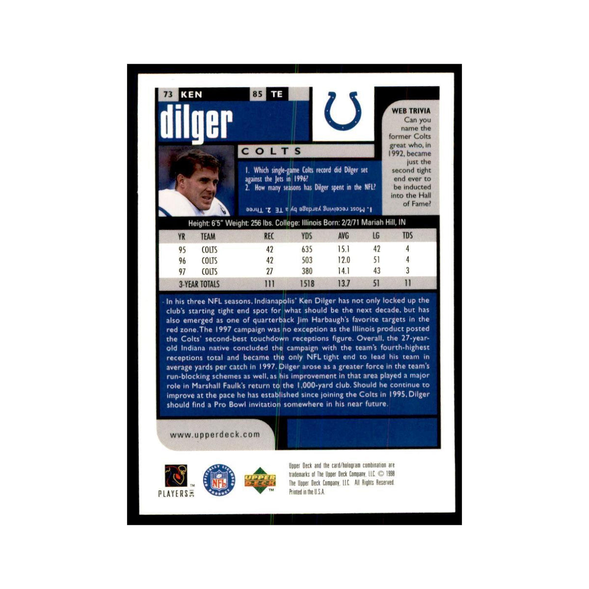 Ken Dilger 1998 UD Choice #73 Football  Cards Football Card NM