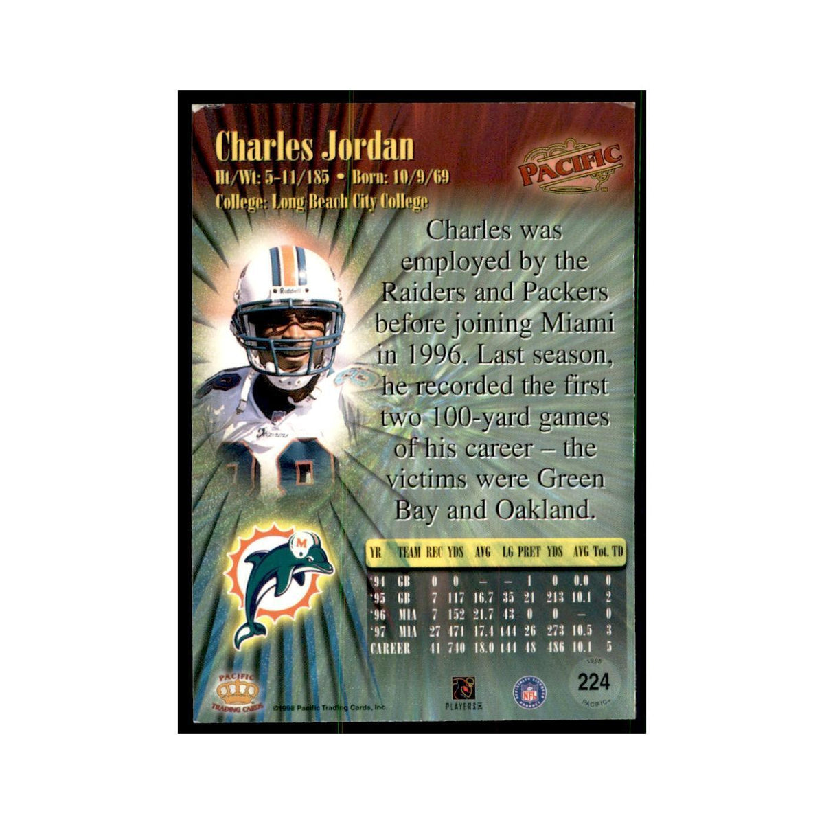 Charles Jordan 1998 Pacific #224 Football Cards Football Card NM