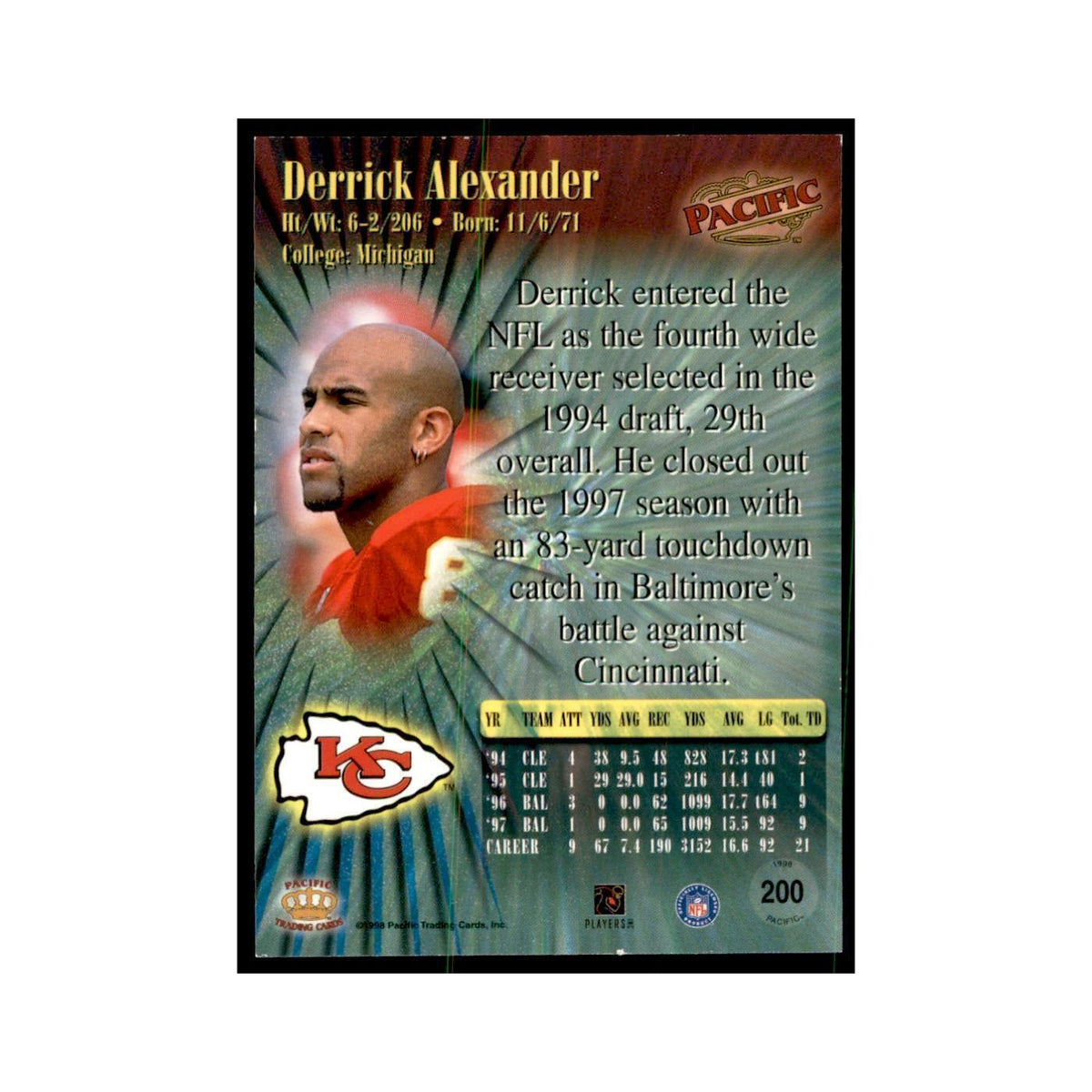 Derrick Alexander 1998 Pacific #200 Football Cards Football Card NM