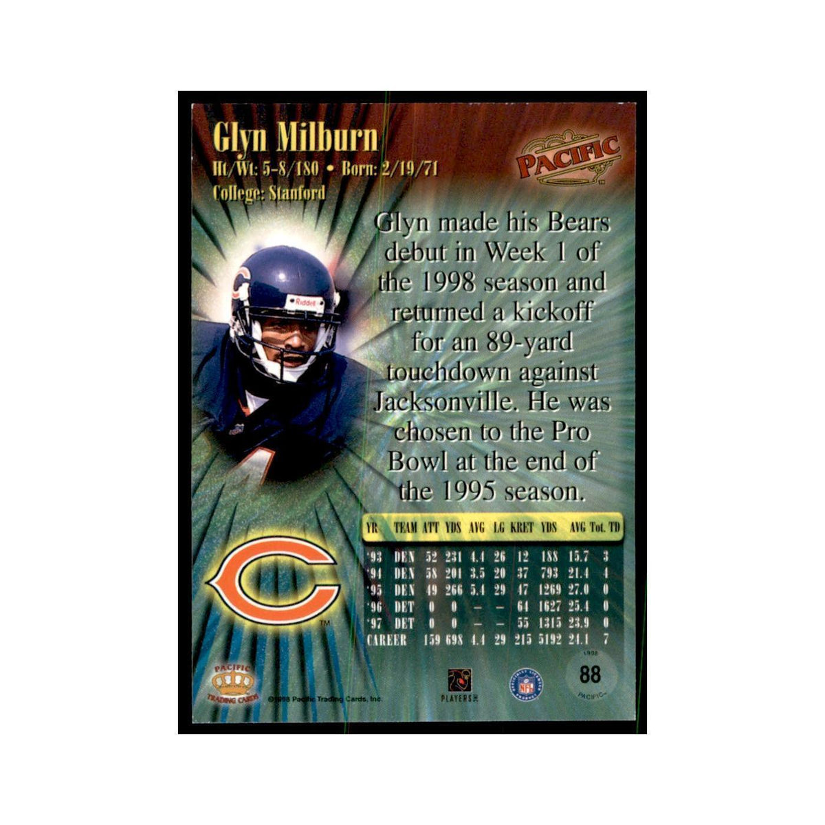Glyn Milburn 1998 Pacific #88 Football Cards Football Card NM