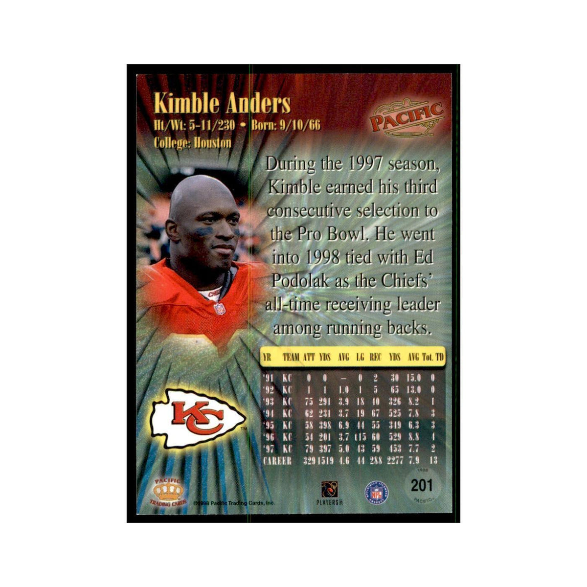 Kimble Anders 1998 Pacific #201 Football Cards Football Card NM