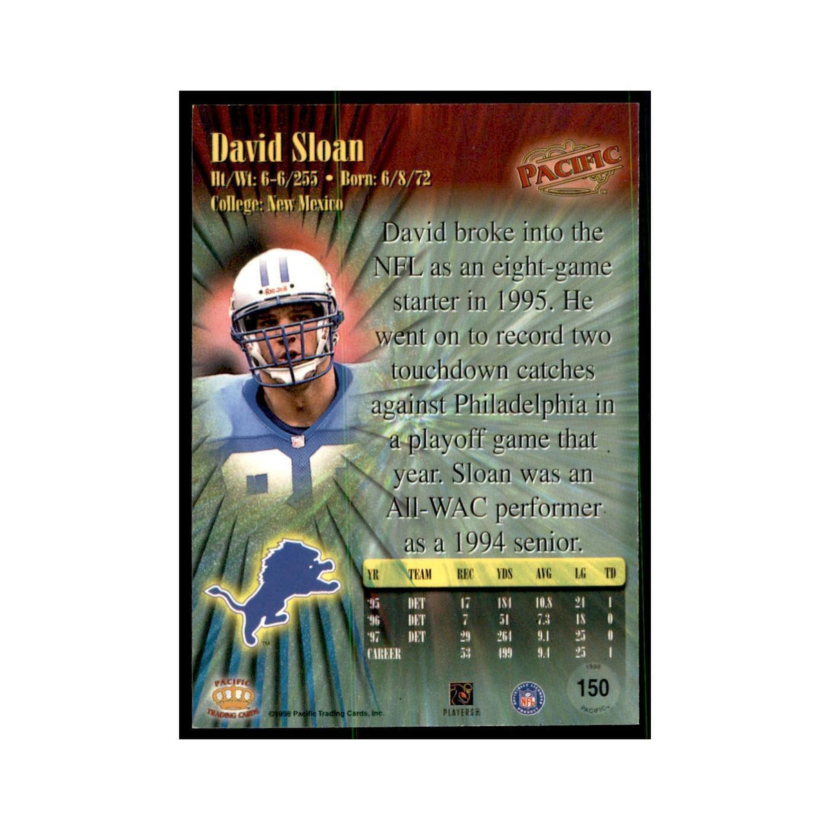 David Sloan 1998 Pacific #150 Football Cards Football Card NM
