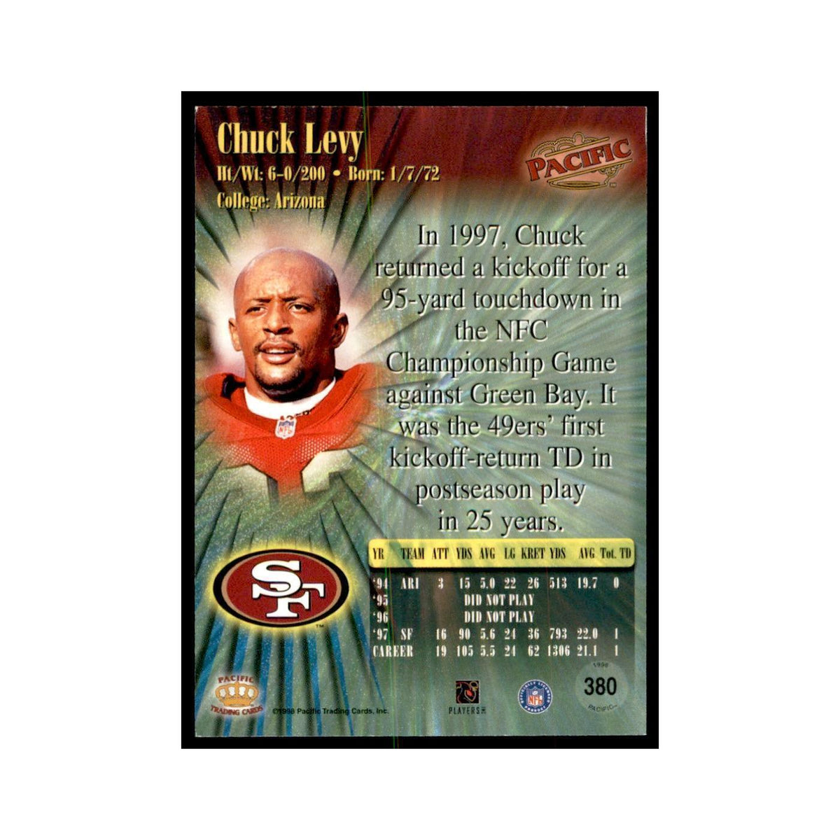 Chuck Levy 1998 Pacific #380 Football Cards Football Card NM