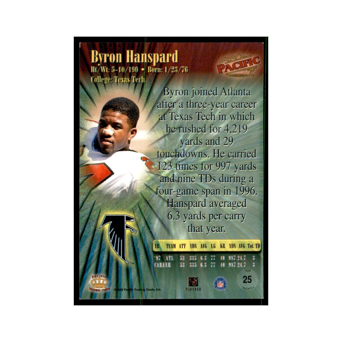 Byron Hanspard 1998 Pacific #25 Football Cards Football Card NM