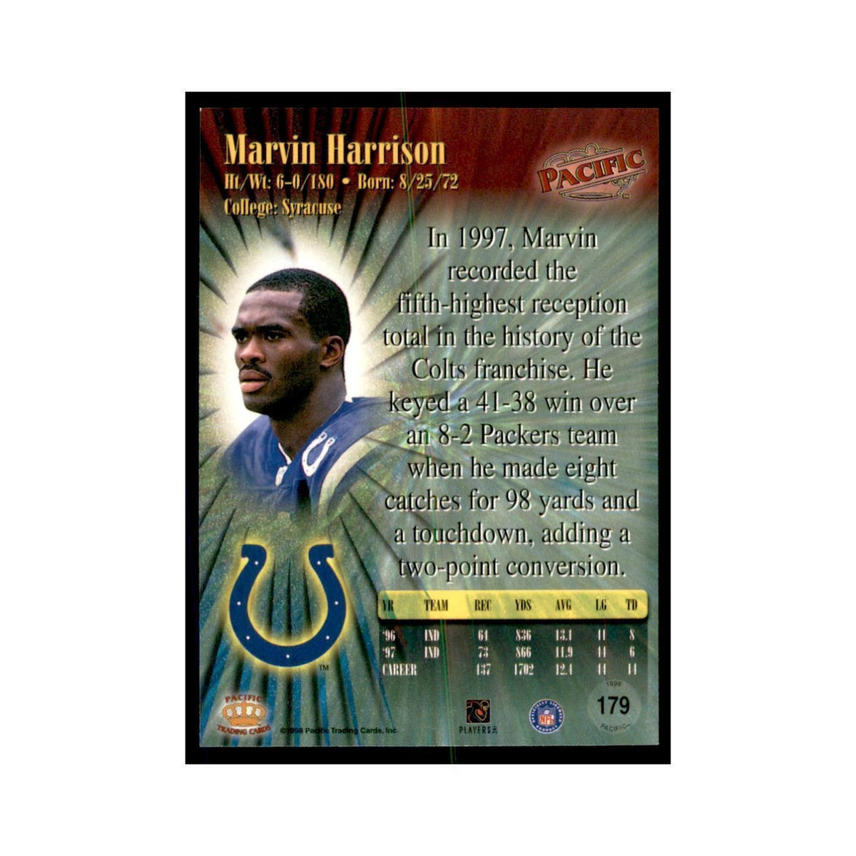 Marvin Harrison 1998 Pacific #179 Football Cards Football Card NM