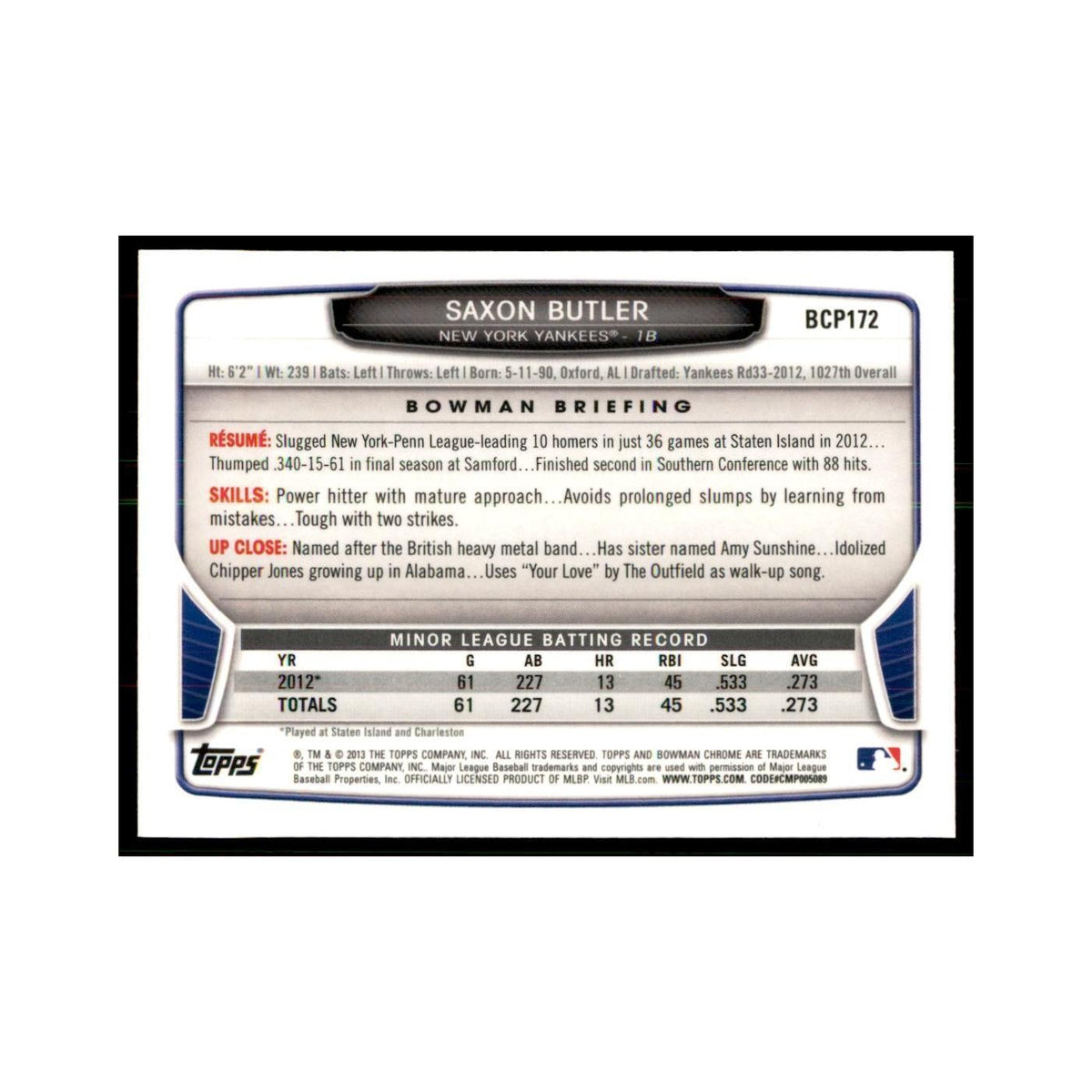 Saxon Butler 2013 Bowman Chrome #BCP172 Baseball Cards Baseball Card NM