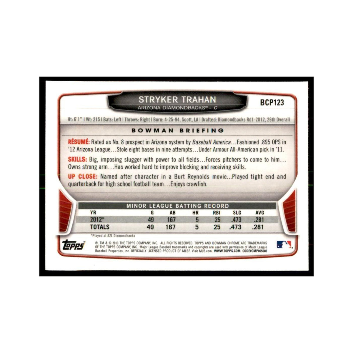 Stryker Trahan 2013 Bowman Chrome #BCP123 Baseball Cards Baseball Card NM