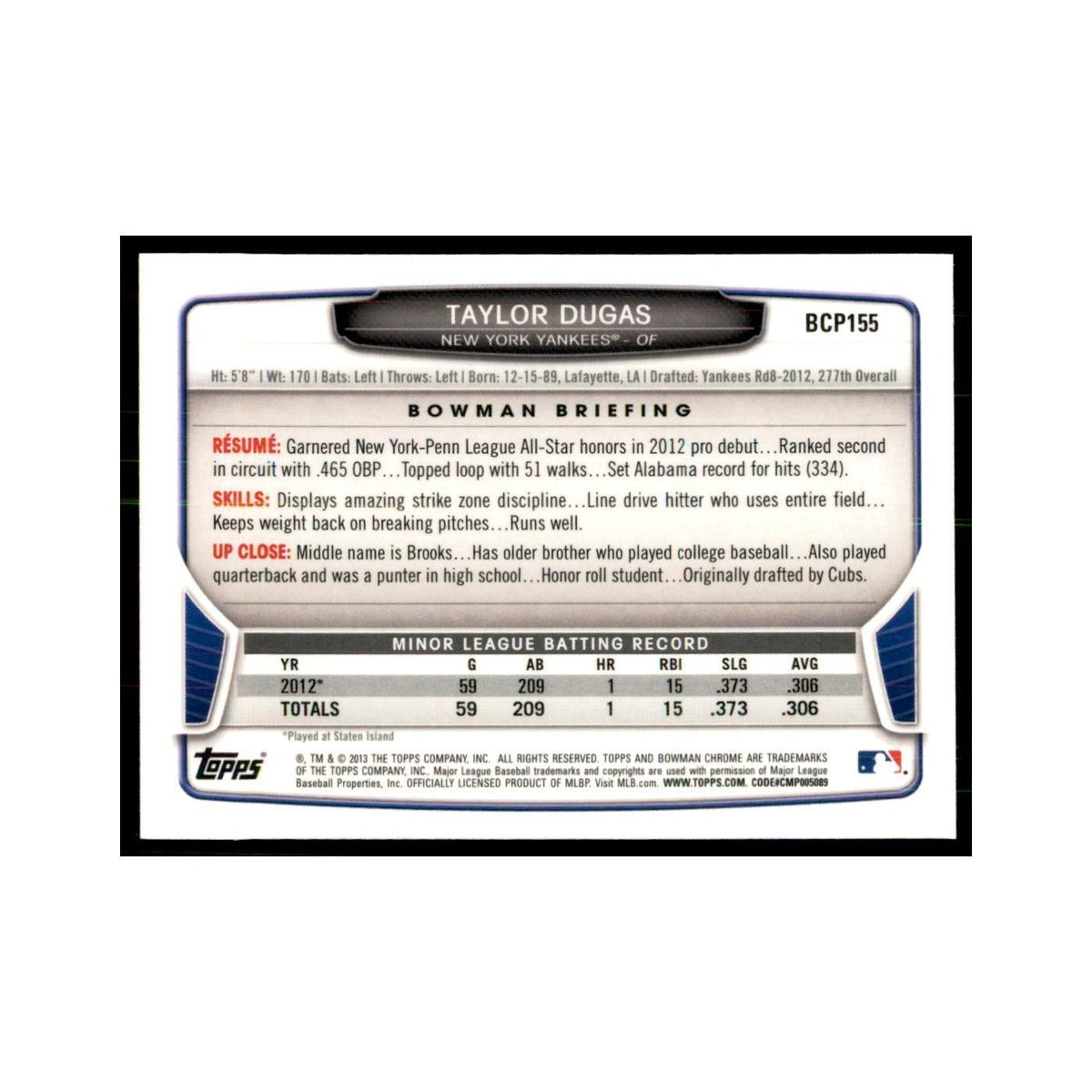 Taylor Dugas 2013 Bowman Chrome #BCP155 Baseball Cards Baseball Card NM