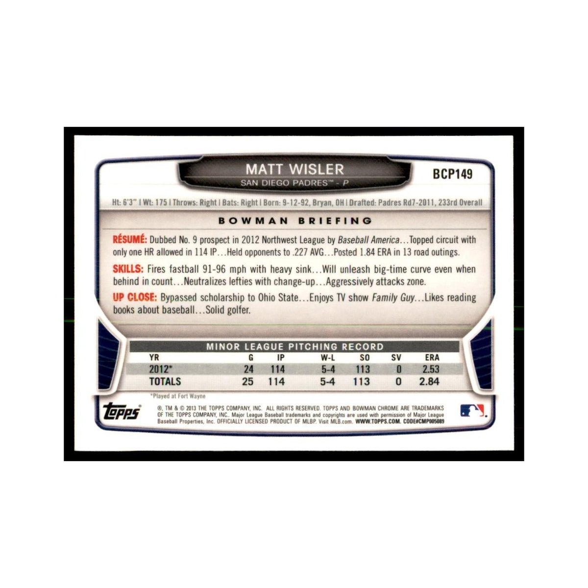 Matt Wisler 2013 Bowman Chrome #BCP149 Baseball Cards Baseball Card NM