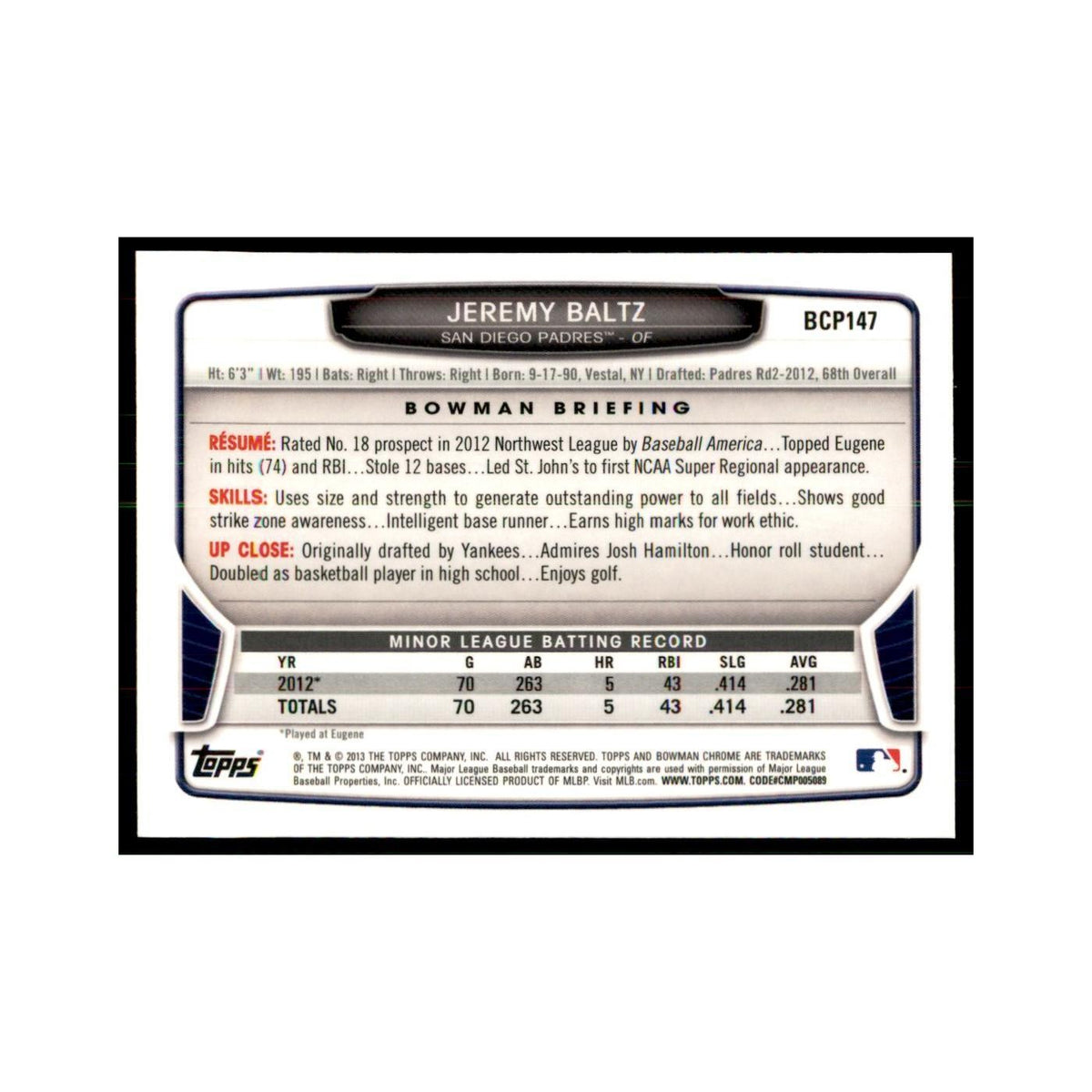Jeremy Baltz 2013 Bowman Chrome #BCP147 Baseball Cards Baseball Card NM