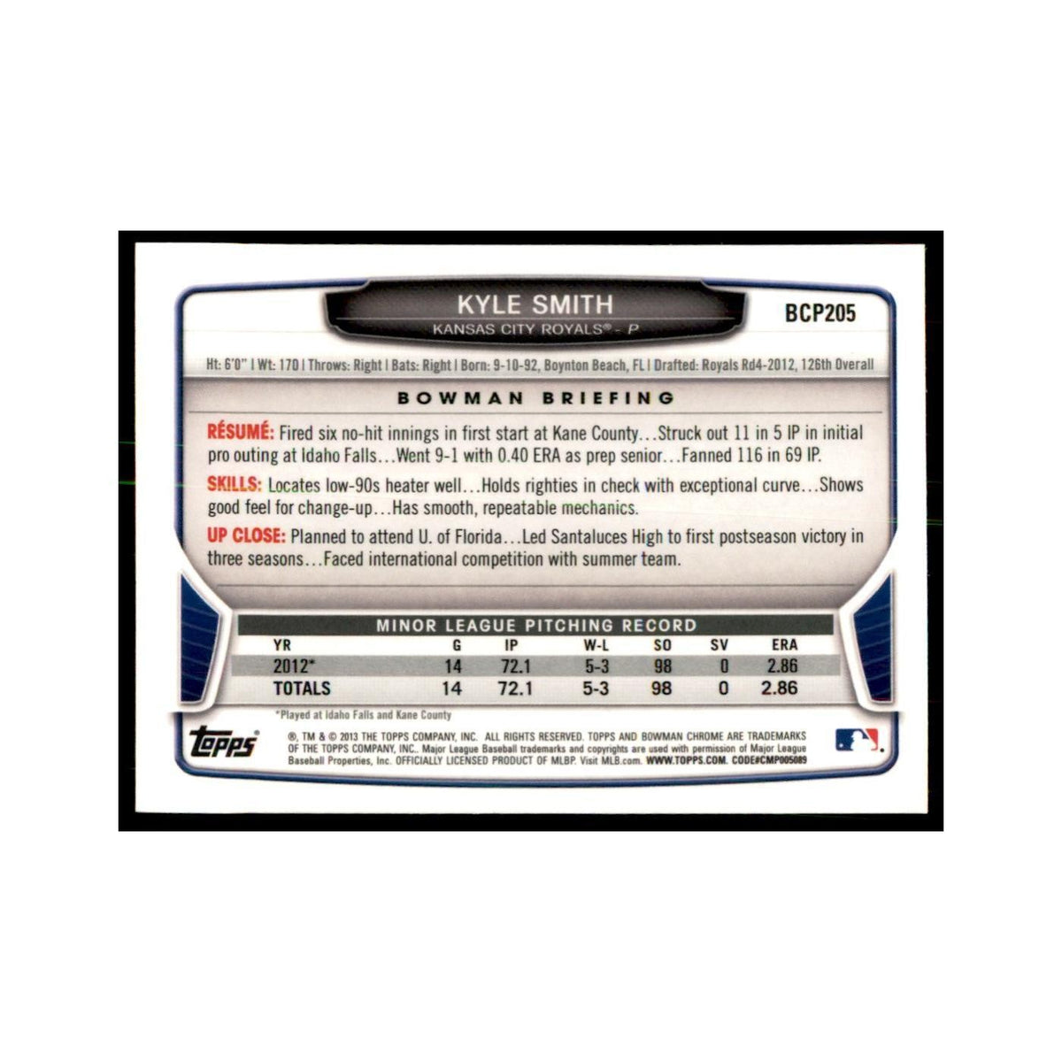 Kyle Smith 2013 Bowman Chrome #BCP205 Baseball Cards Baseball Card NM