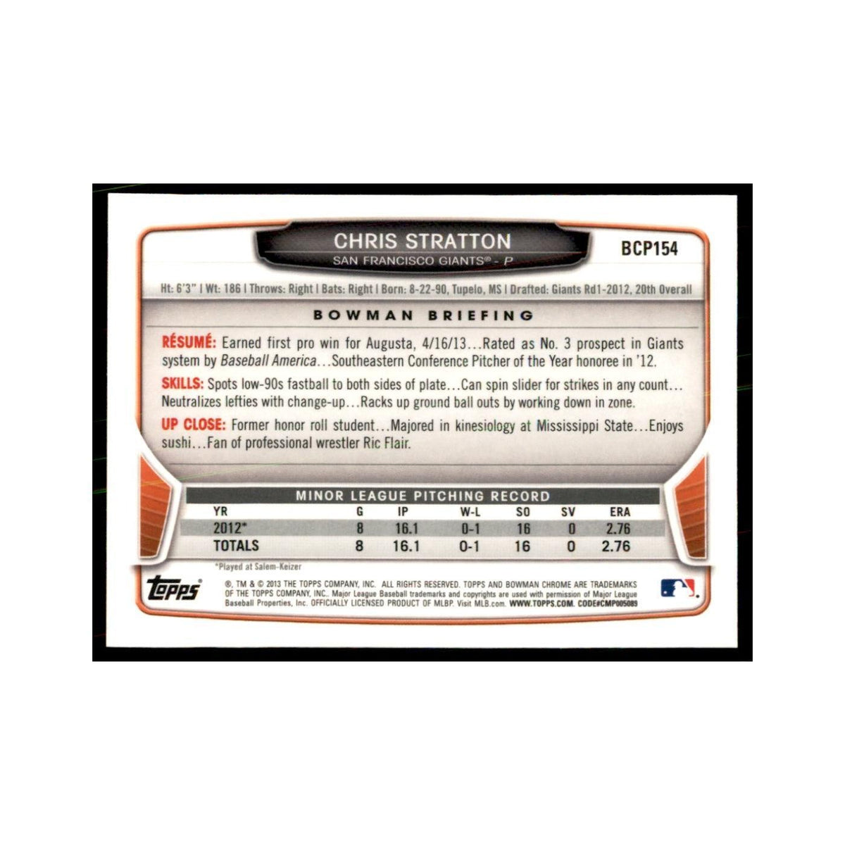 Chris Stratton 2013 Bowman Chrome #BCP154 Baseball Cards Baseball Card NM