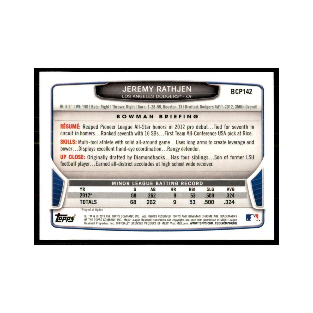 Jeremy Rathjen 2013 Bowman Chrome #BCP142 Baseball Cards Baseball Card NM