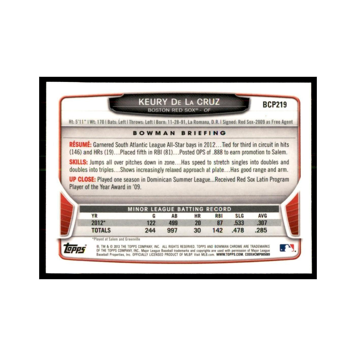 Keury de la Cruz 2013 Bowman Chrome #BCP219 Baseball Cards Baseball Card NM