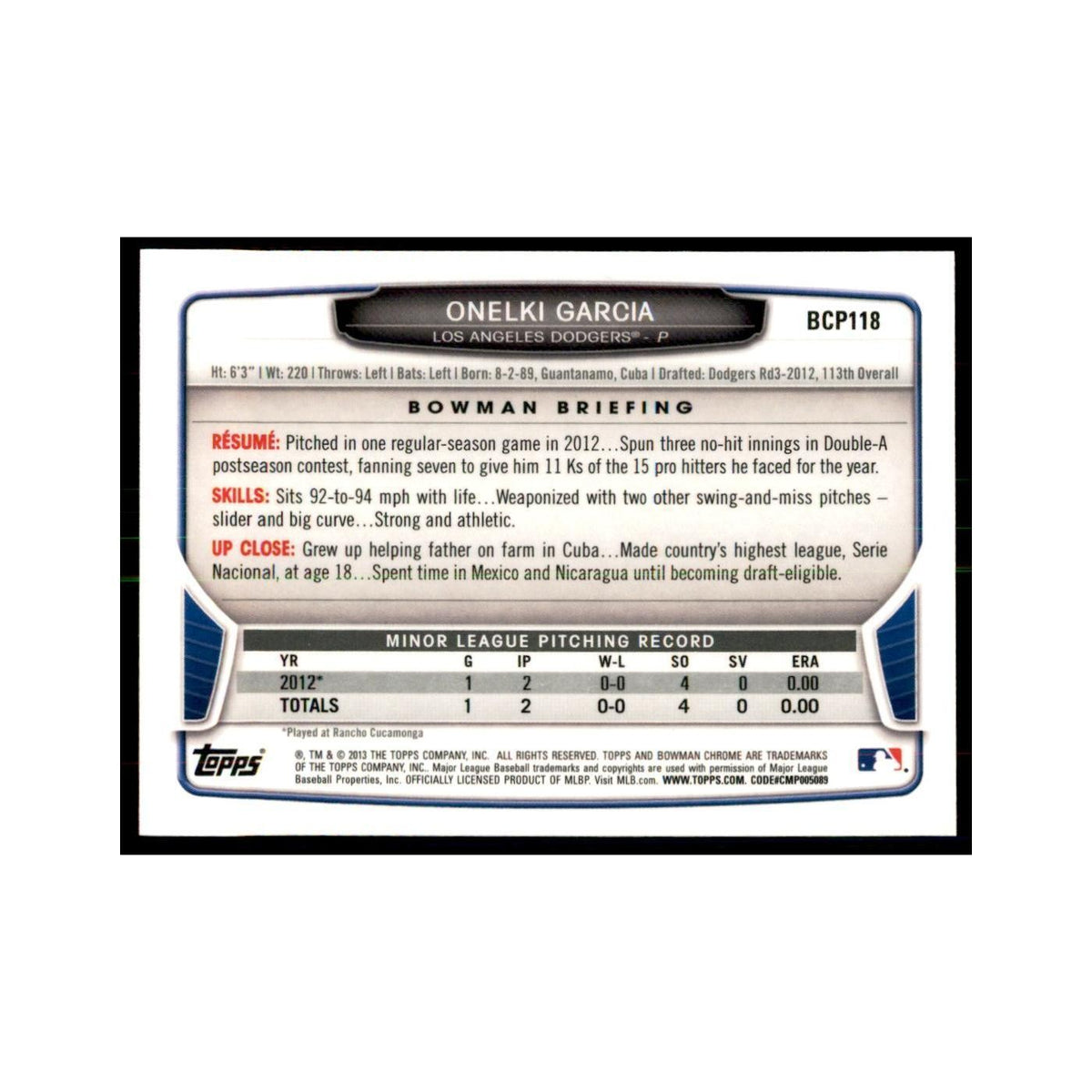 Onelki Garcia 2013 Bowman Chrome #BCP118 Baseball Cards Baseball Card NM
