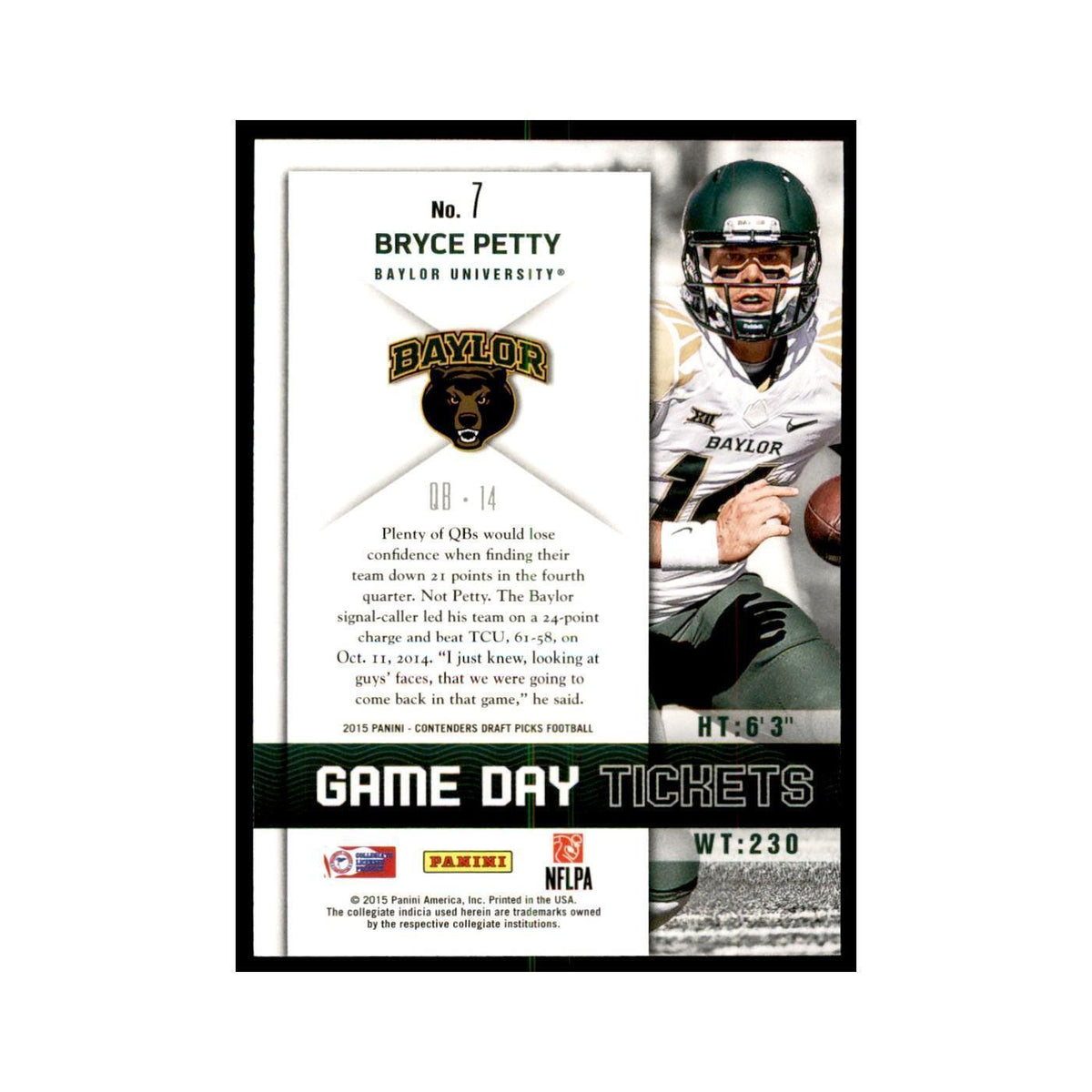 Bryce Petty 2015 Panini Contenders Draft Picks #7 Football Cards NM