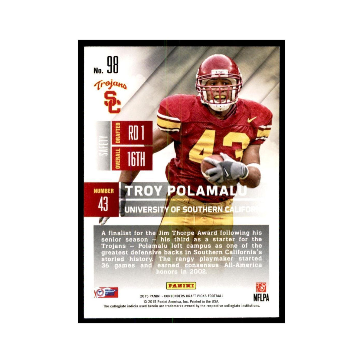 Troy Polamalu 2015 Panini Contenders Draft Picks #98 Football Cards NM