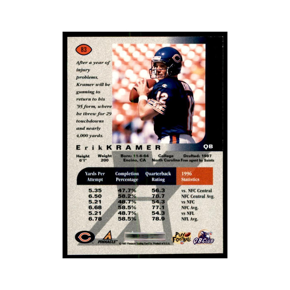 Erik Kramer 1997 Pinnacle X-Press #83 Football Cards Football Card NM