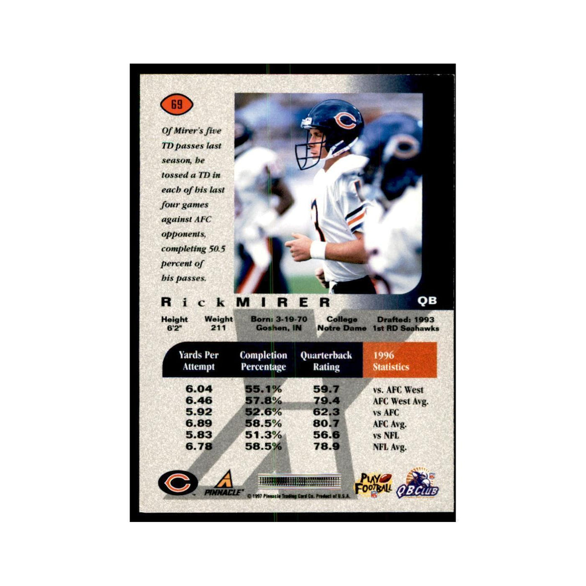 Rick Mirer 1997 Pinnacle X-Press #69 Football Cards Football Card NM