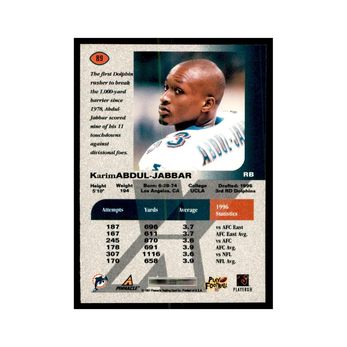 Karim Abdul-Jabbar 1997 Pinnacle X-Press #89 Football Cards Football Card NM