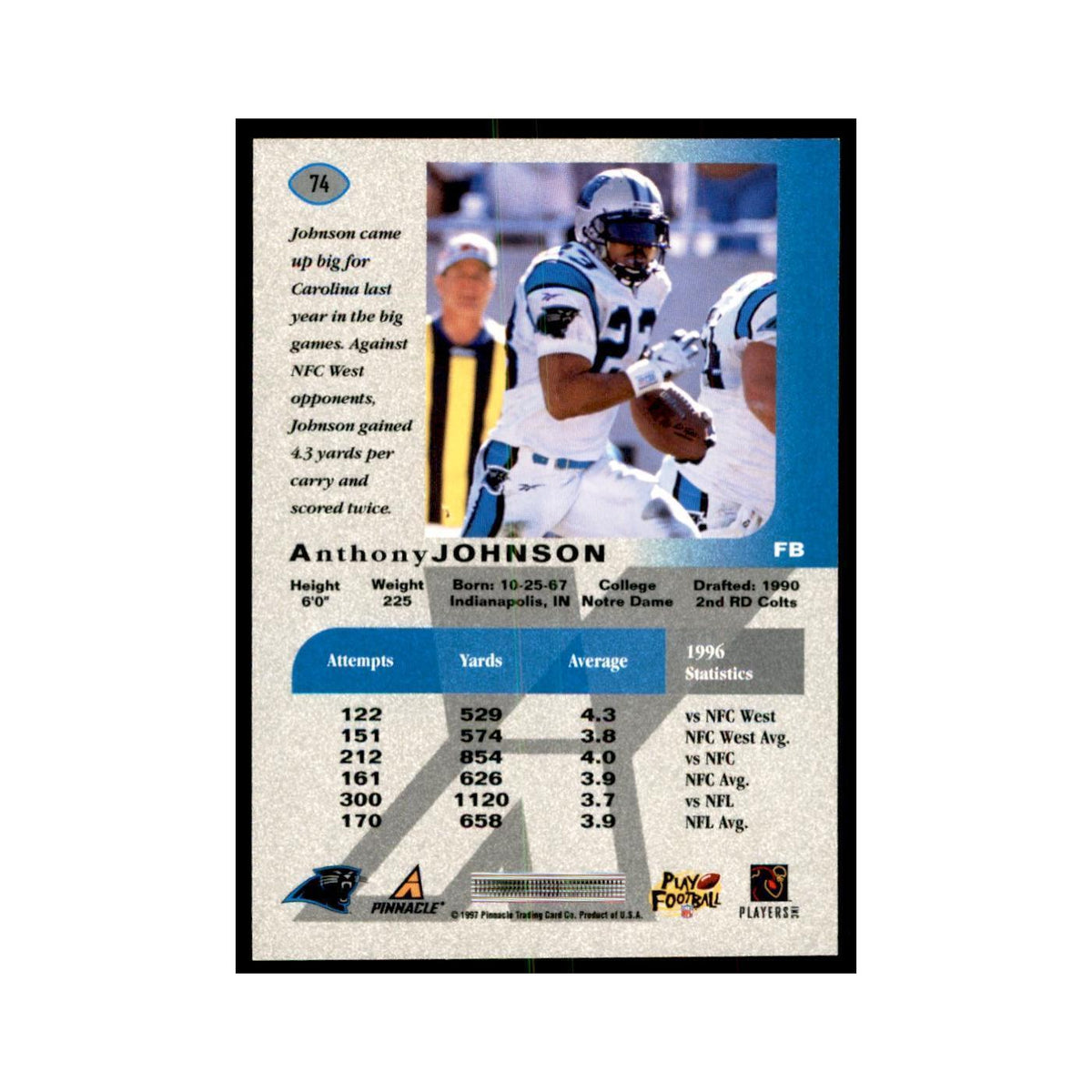 Anthony Johnson 1997 Pinnacle X-Press #74 Football Cards Football Card NM
