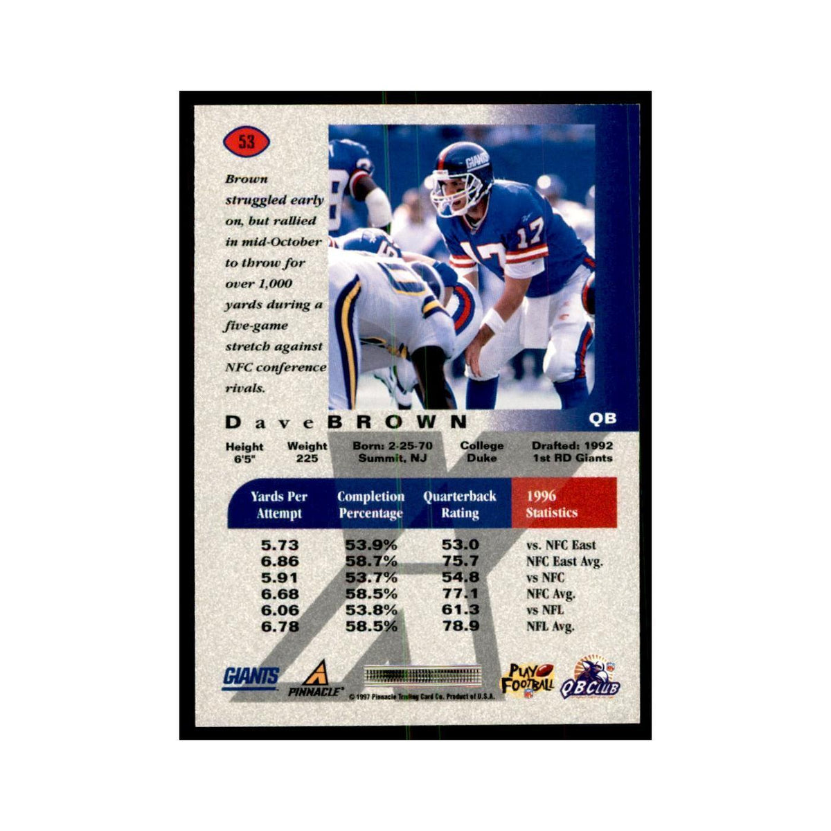 Dave Brown 1997 Pinnacle X-Press #53 Football Cards Football Card NM