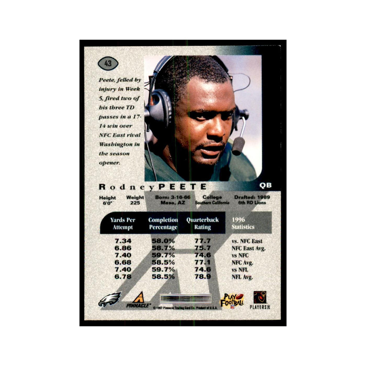 Rodney Peete 1997 Pinnacle X-Press #43 Football Cards Football Card NM