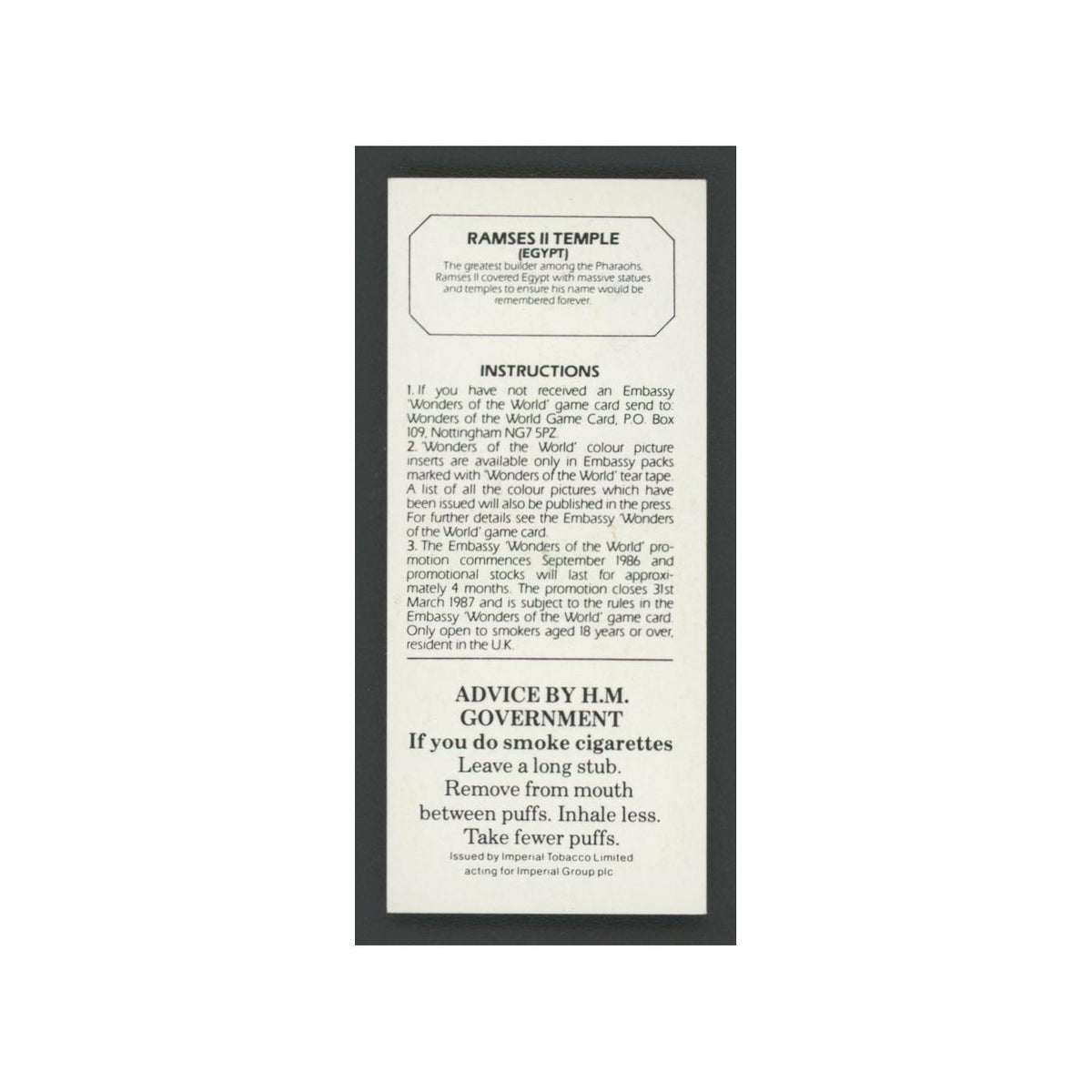 Ramses II Temple 1986 Embassy Wonders of the World EX
