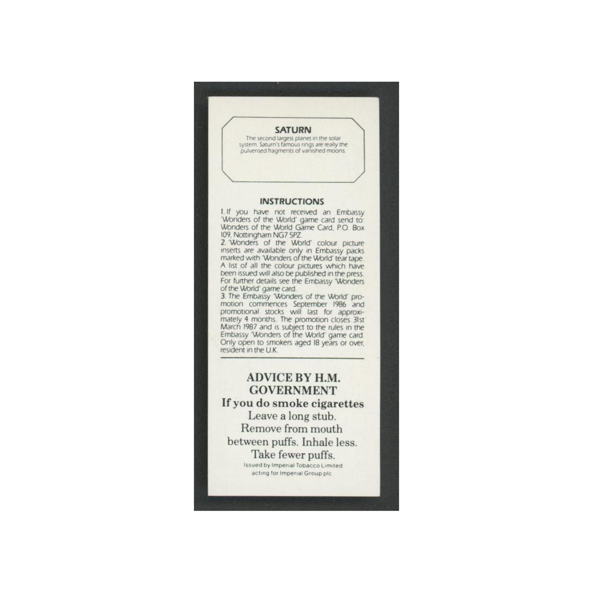 Saturn 1986 Embassy Wonders of the World EX