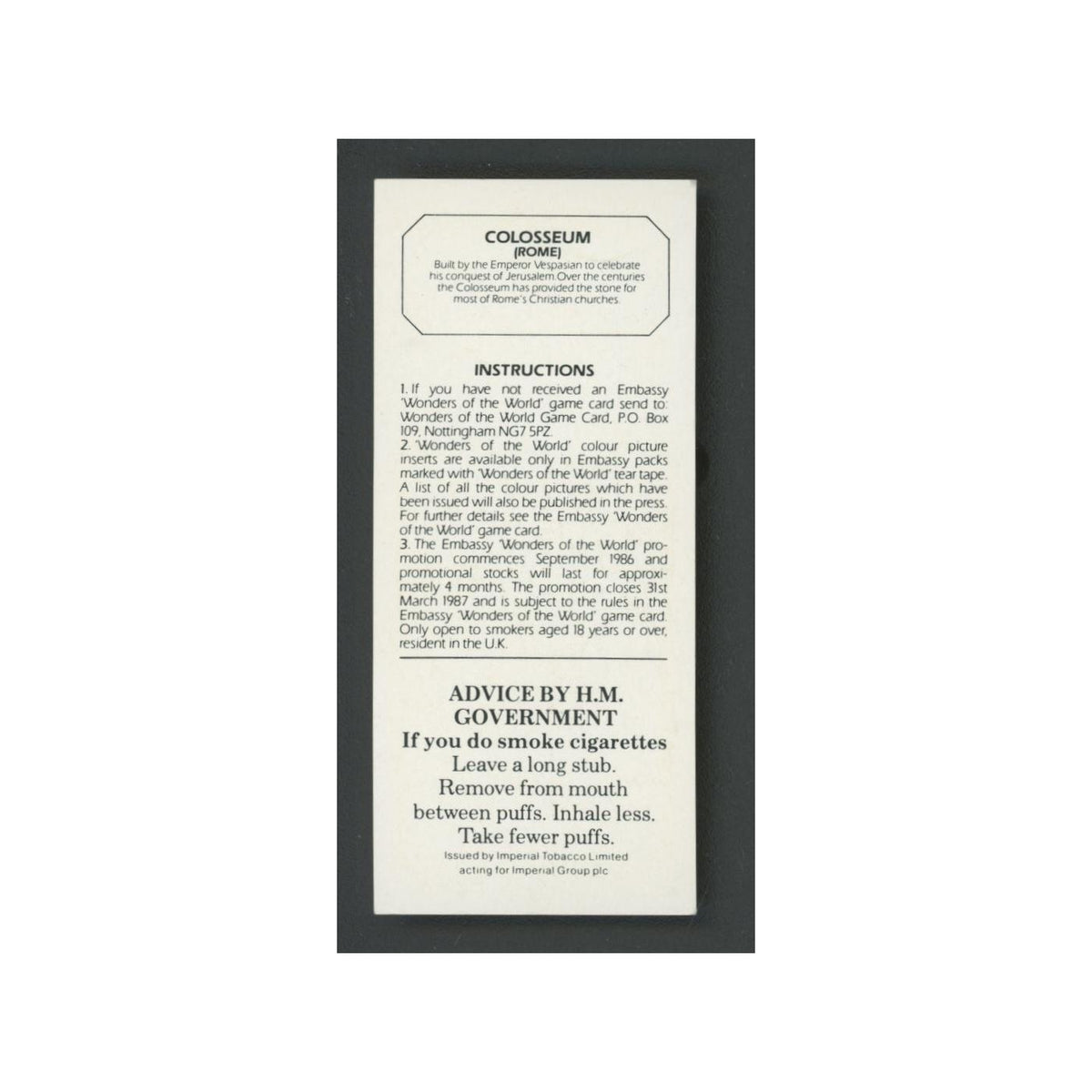 Colosseum 1986 Embassy Wonders of the World EX