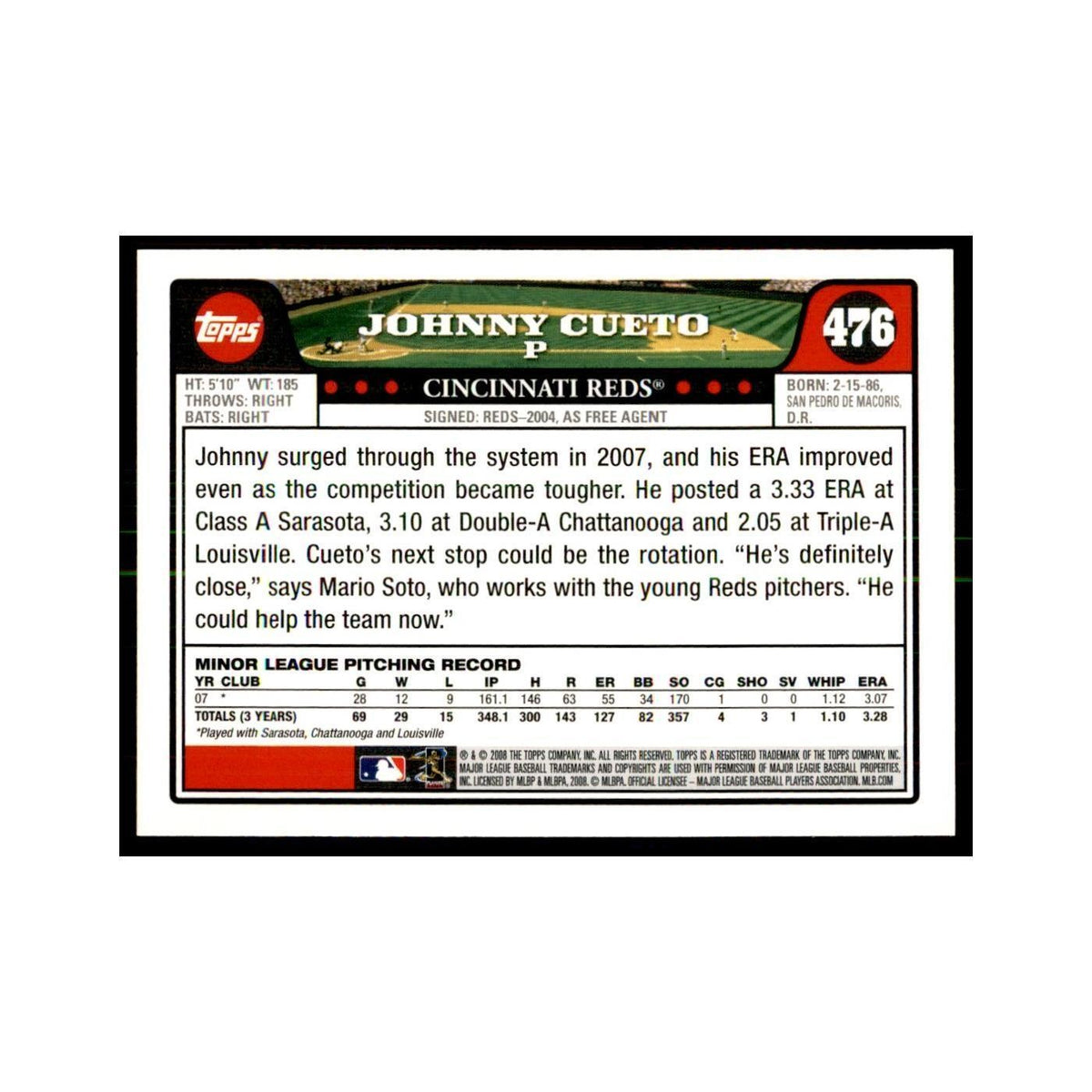Johnny Cueto 2008 Topps #476 Baseball Cards Baseball Card NM