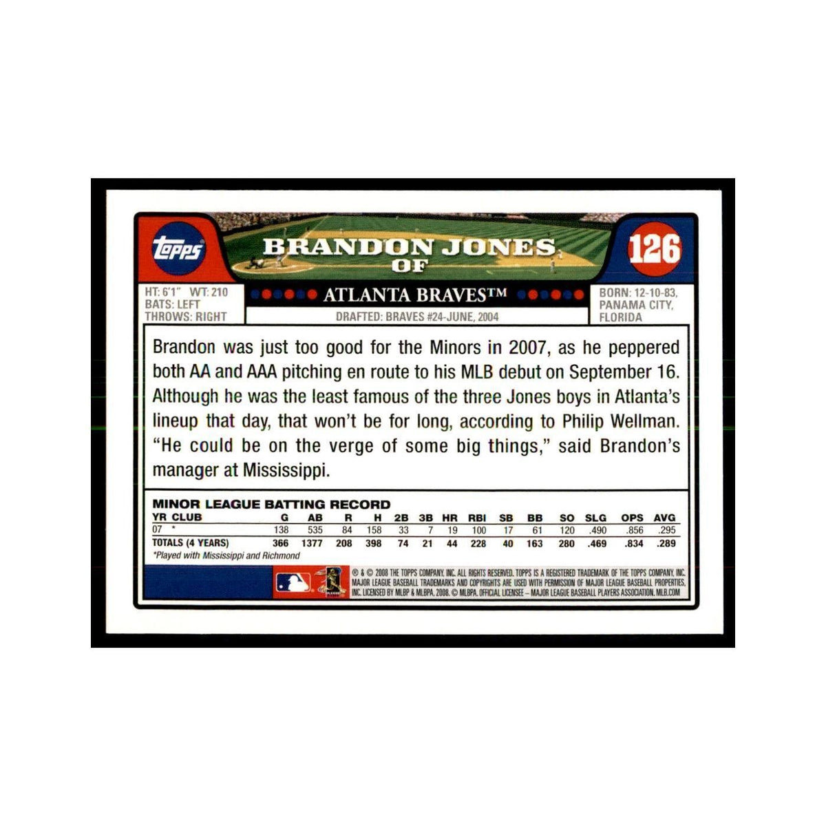 Brandon Jones 2008 Topps #126 Baseball Cards Baseball Card NM