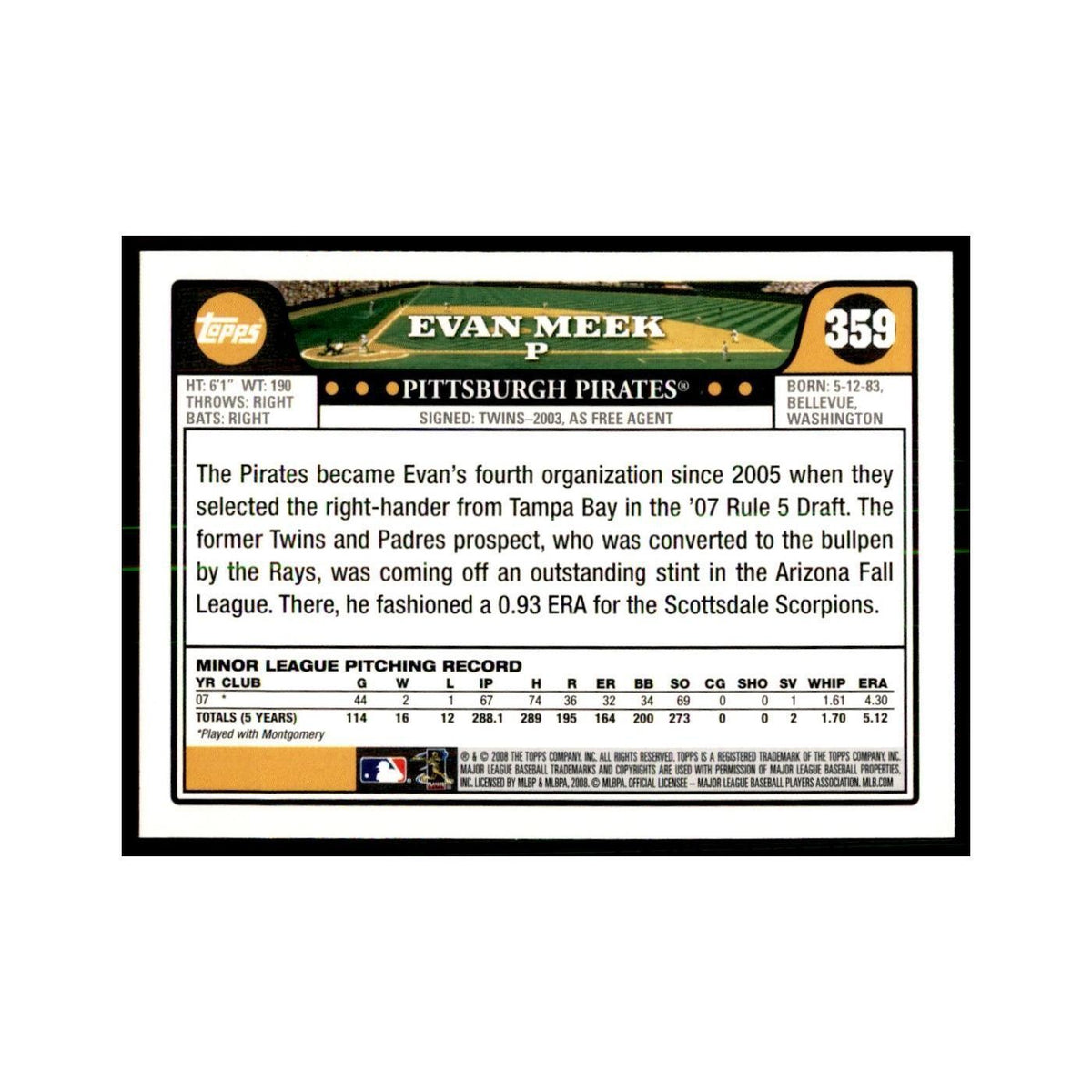 Evan Meek 2008 Topps #359 Baseball Cards Baseball Card NM