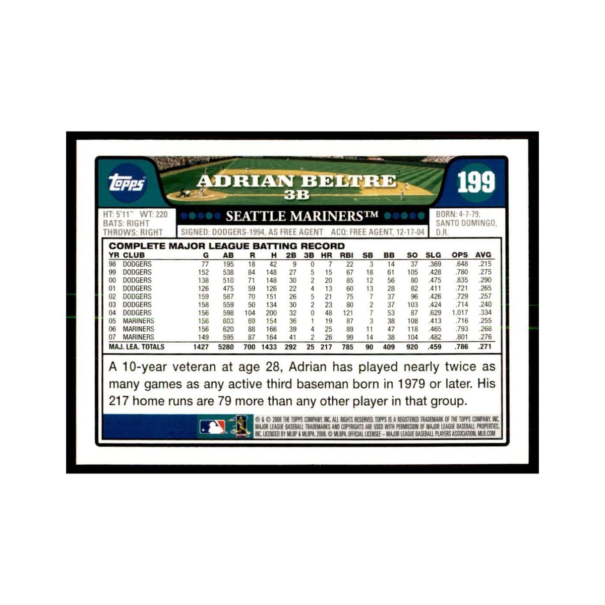 Adrian Beltre 2008 Topps #199 Baseball Cards Baseball Card NM